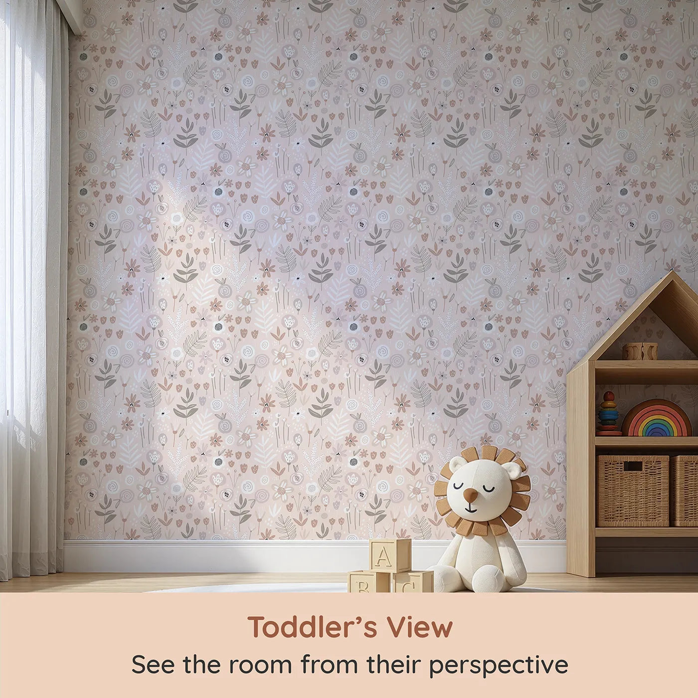 Whimsy Tots Boho Meadow Wallpaper in Pink (W2055) from your child's view.Where soft, stylized blossoms create a calming boho dream.