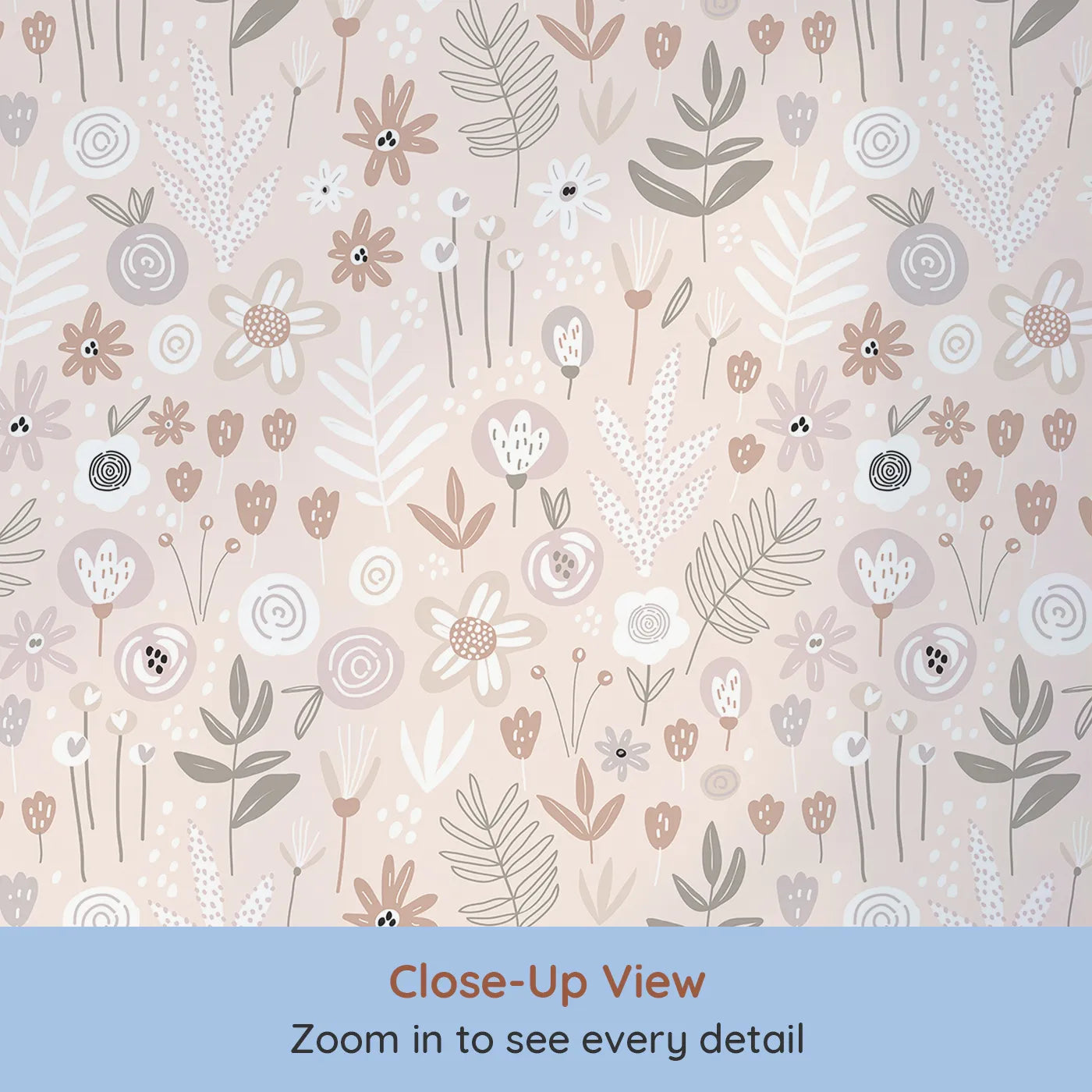 Close-up view of Whimsy Tots' Boho Meadow Wallpaper in Pink (W2055).Where soft, stylized blossoms create a calming boho dream.