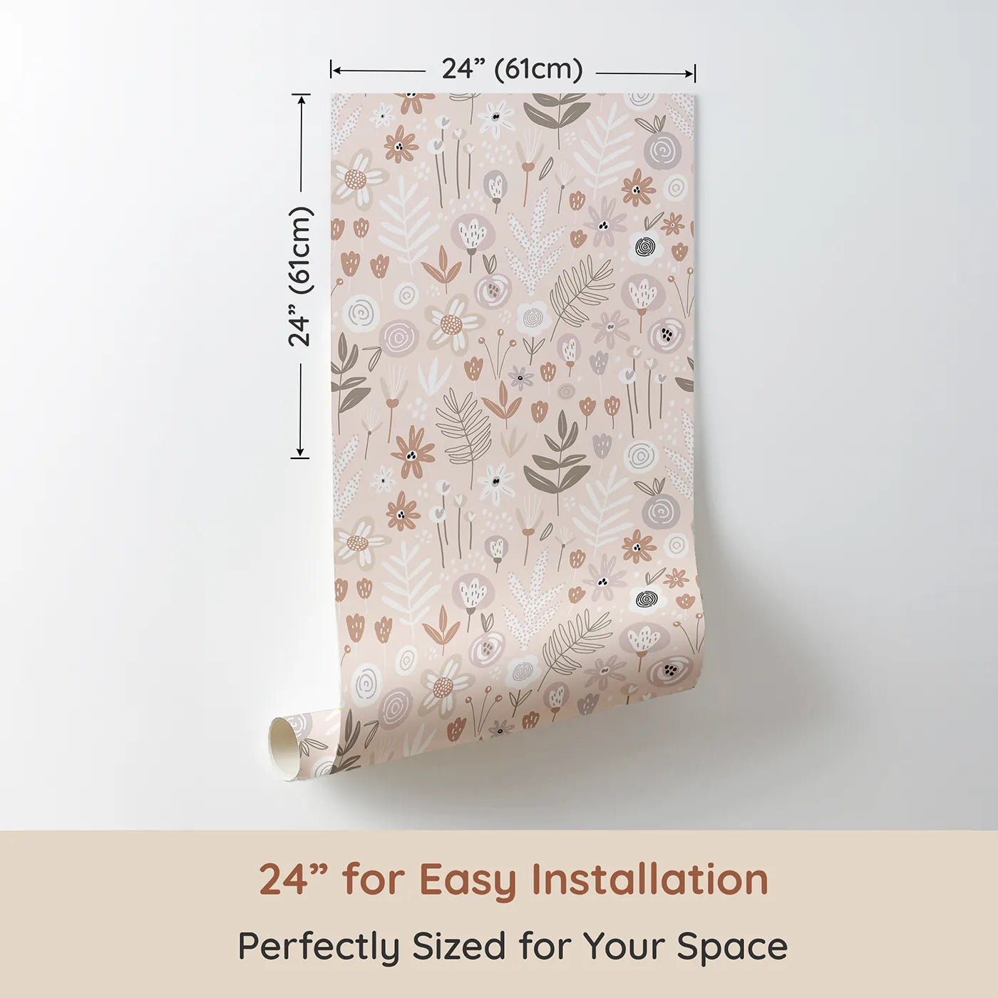 Dimension view of Whimsy Tots Boho Meadow Wallpaper in Pink (W2055). Printed in 24-inch-wide panel for easy installation. Where soft, stylized blossoms create a calming boho dream.