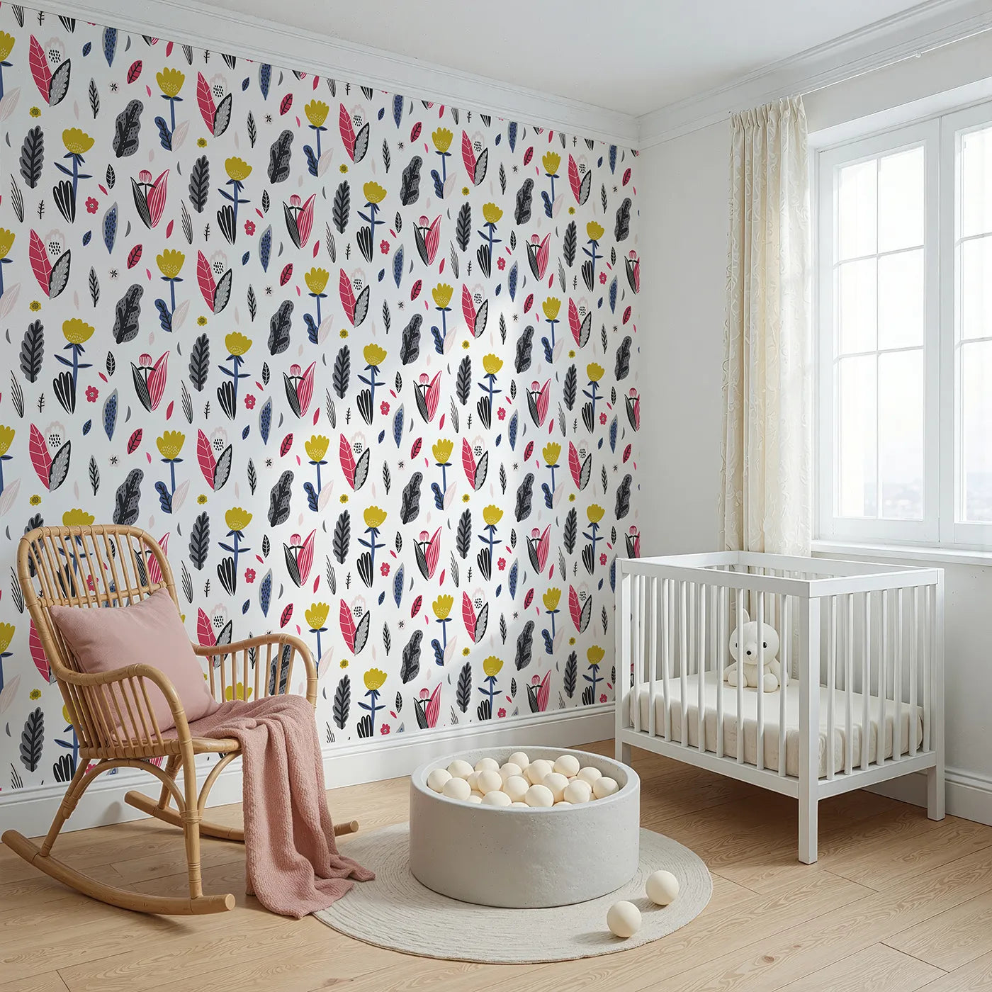 Angled view of Whimsy Tots' Modern Folk Art Floral Wallpaper (W2056).Where bold, modern flowers bloom with creative energy.
