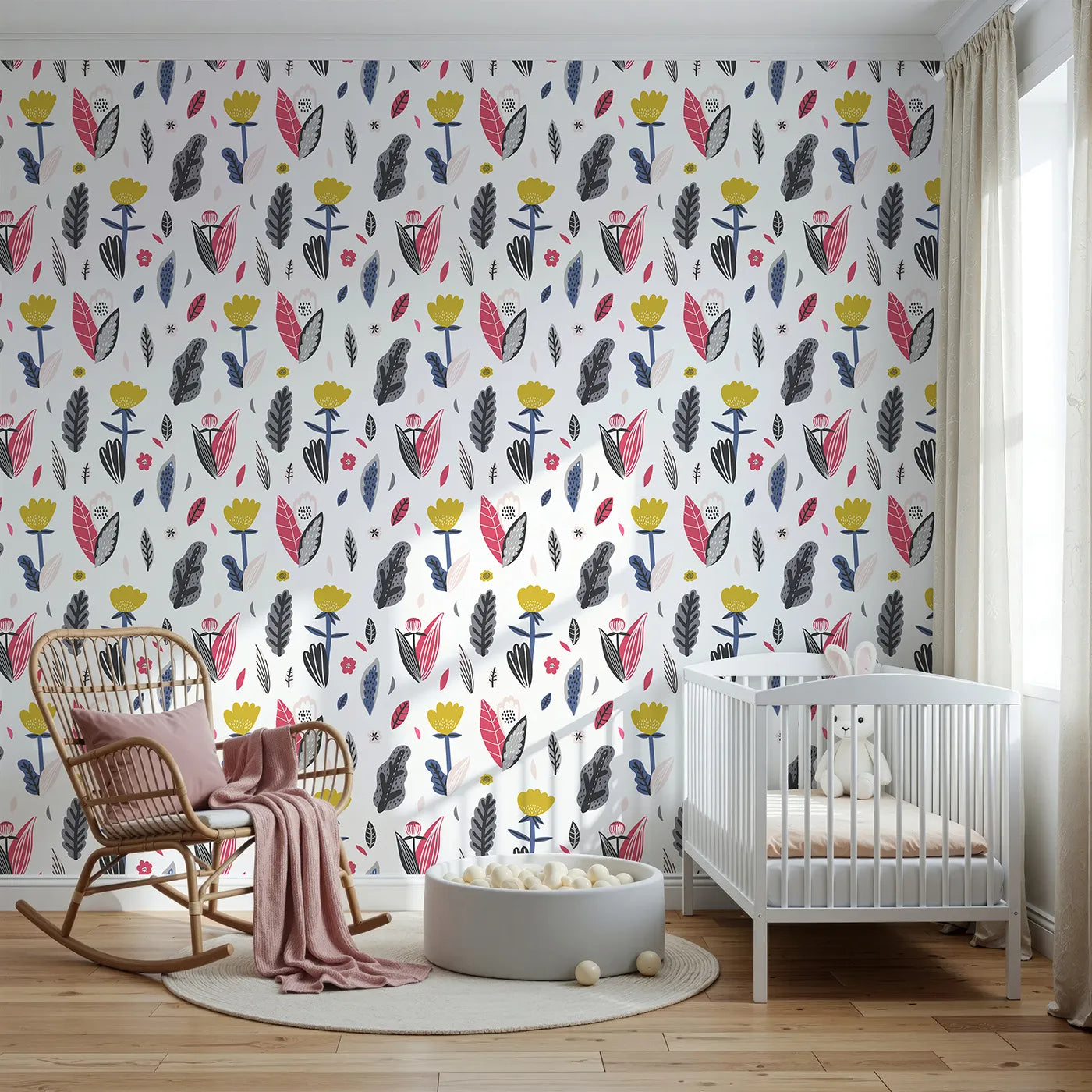 Front view of Whimsy Tots' Modern Folk Art Floral Wallpaper