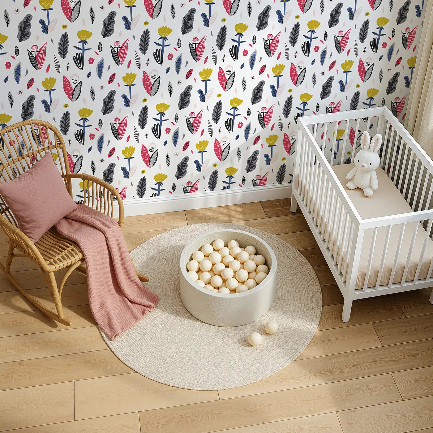 Top-Down view of Whimsy Tots' Modern Folk Art Floral Wallpaper (W2056).Where bold, modern flowers bloom with creative energy.