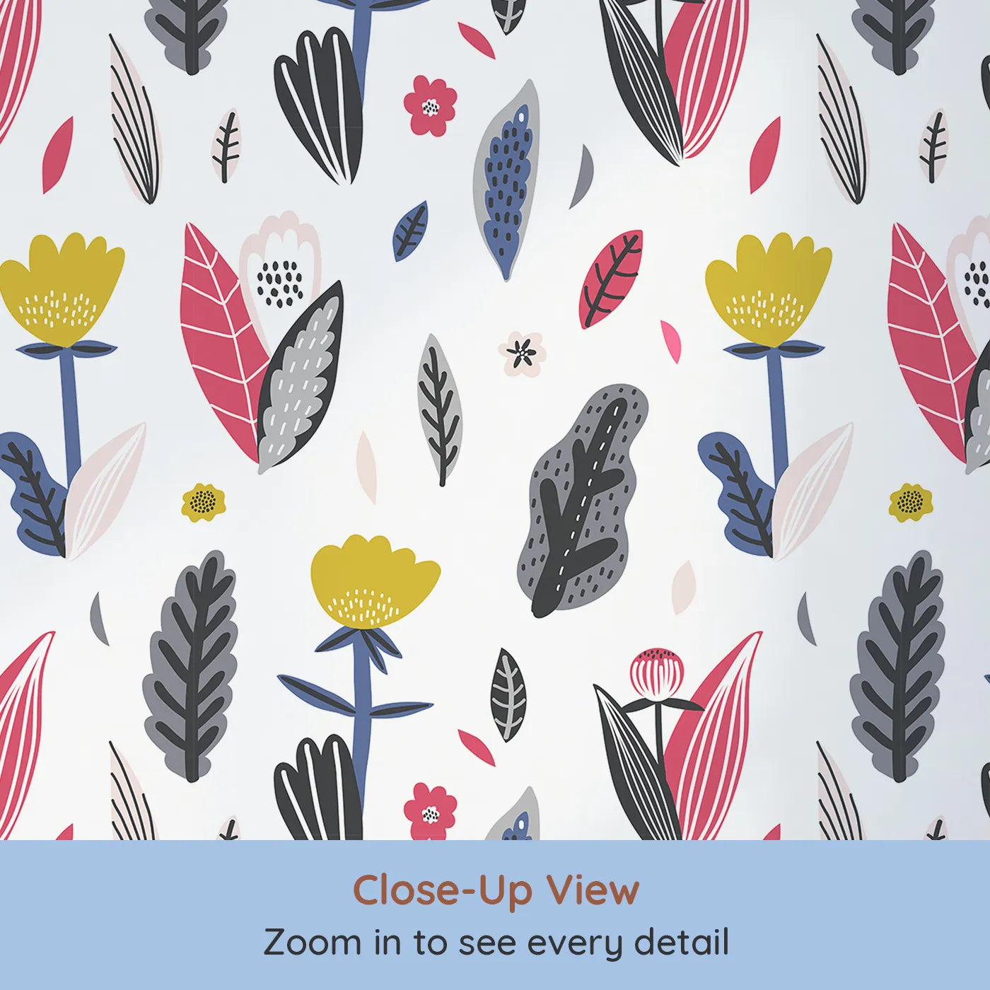 Close-up view of Whimsy Tots' Modern Folk Art Floral Wallpaper (W2056).Where bold, modern flowers bloom with creative energy.