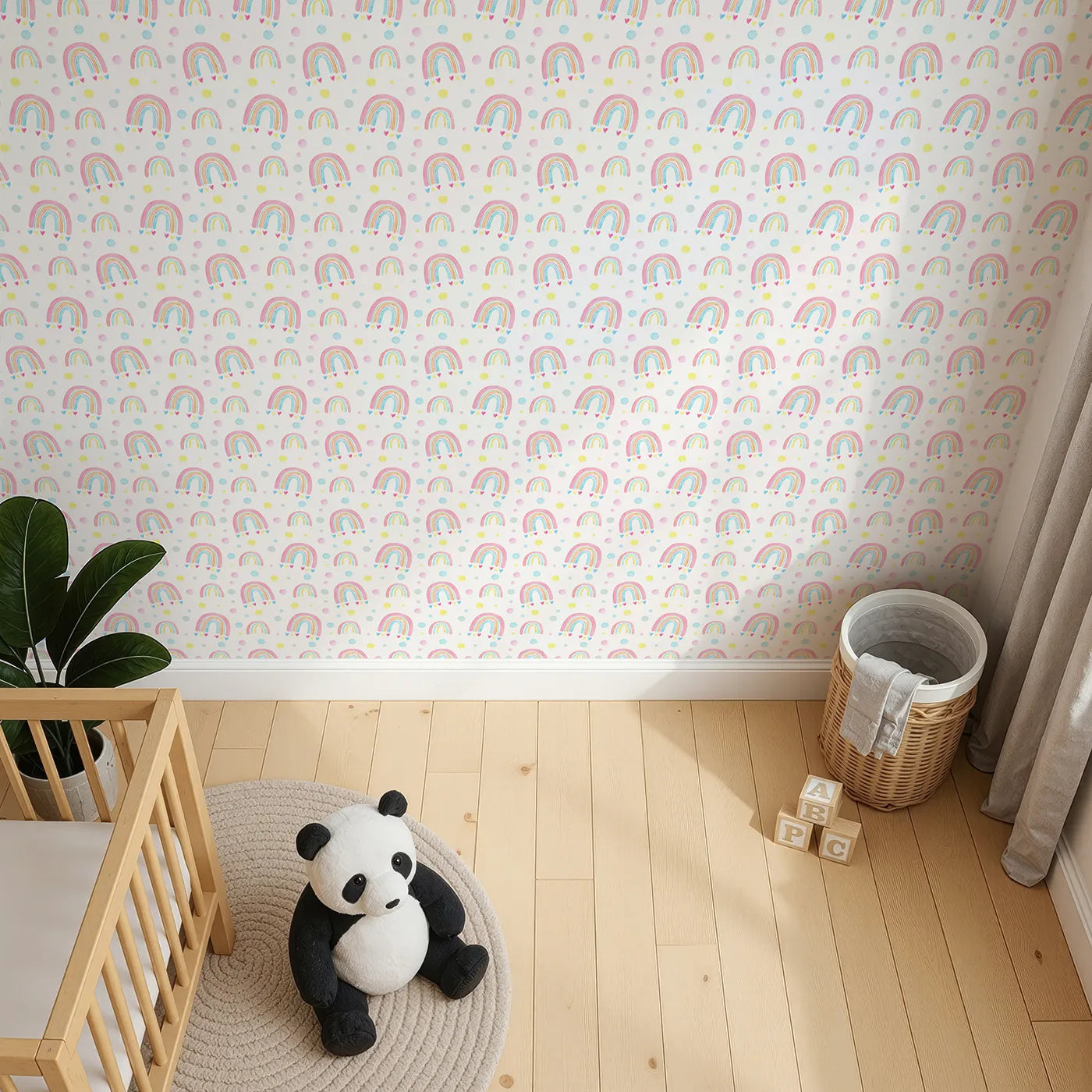 Top-Down view of Whimsy Tots' Watercolor Rainbow Dots Wallpaper (W2057).Where soft rainbows and happy polka dots fill the air.