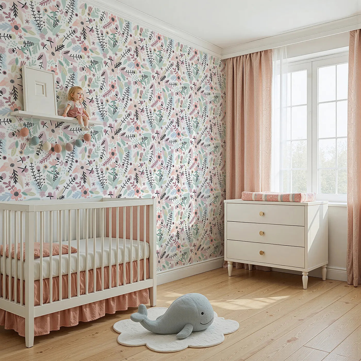 Angled view of Whimsy Tots' Pastel Wildflower Garden Wallpaper (W2059).Where modern, hand-drawn flowers bloom in a soft pastel palette.