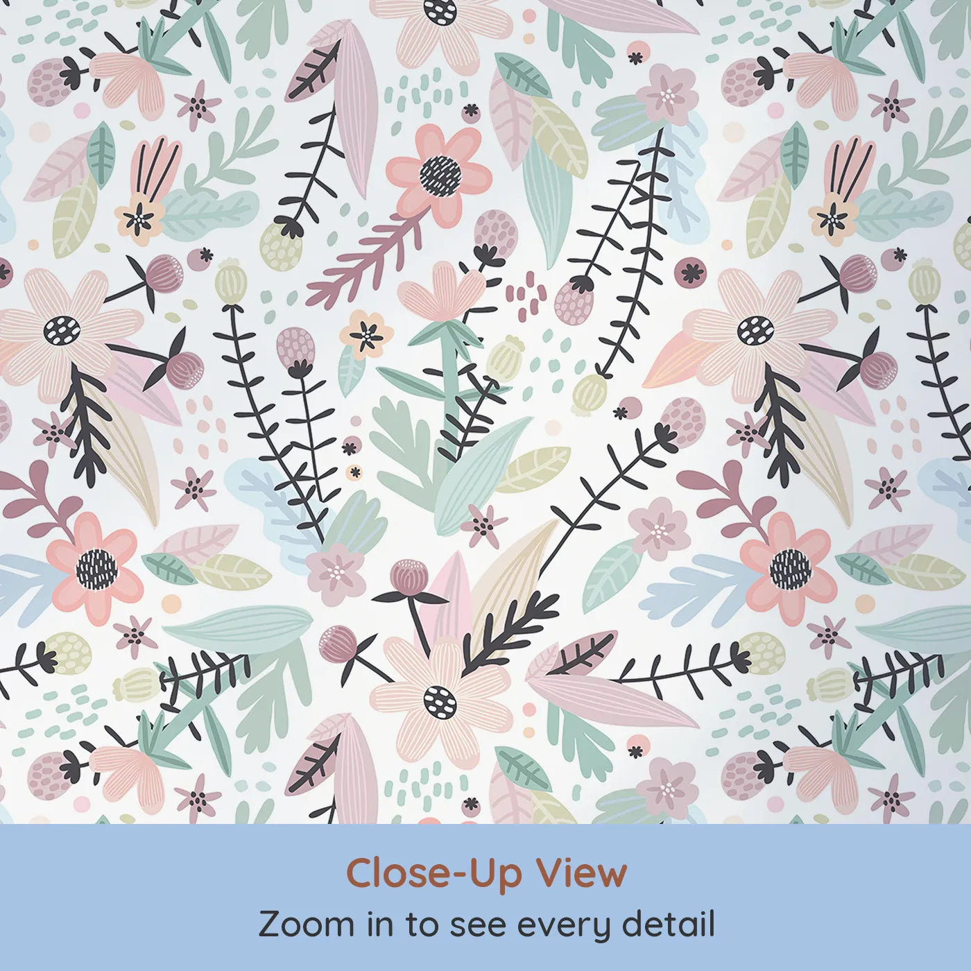 Close-up view of Whimsy Tots' Pastel Wildflower Garden Wallpaper (W2059).Where modern, hand-drawn flowers bloom in a soft pastel palette.