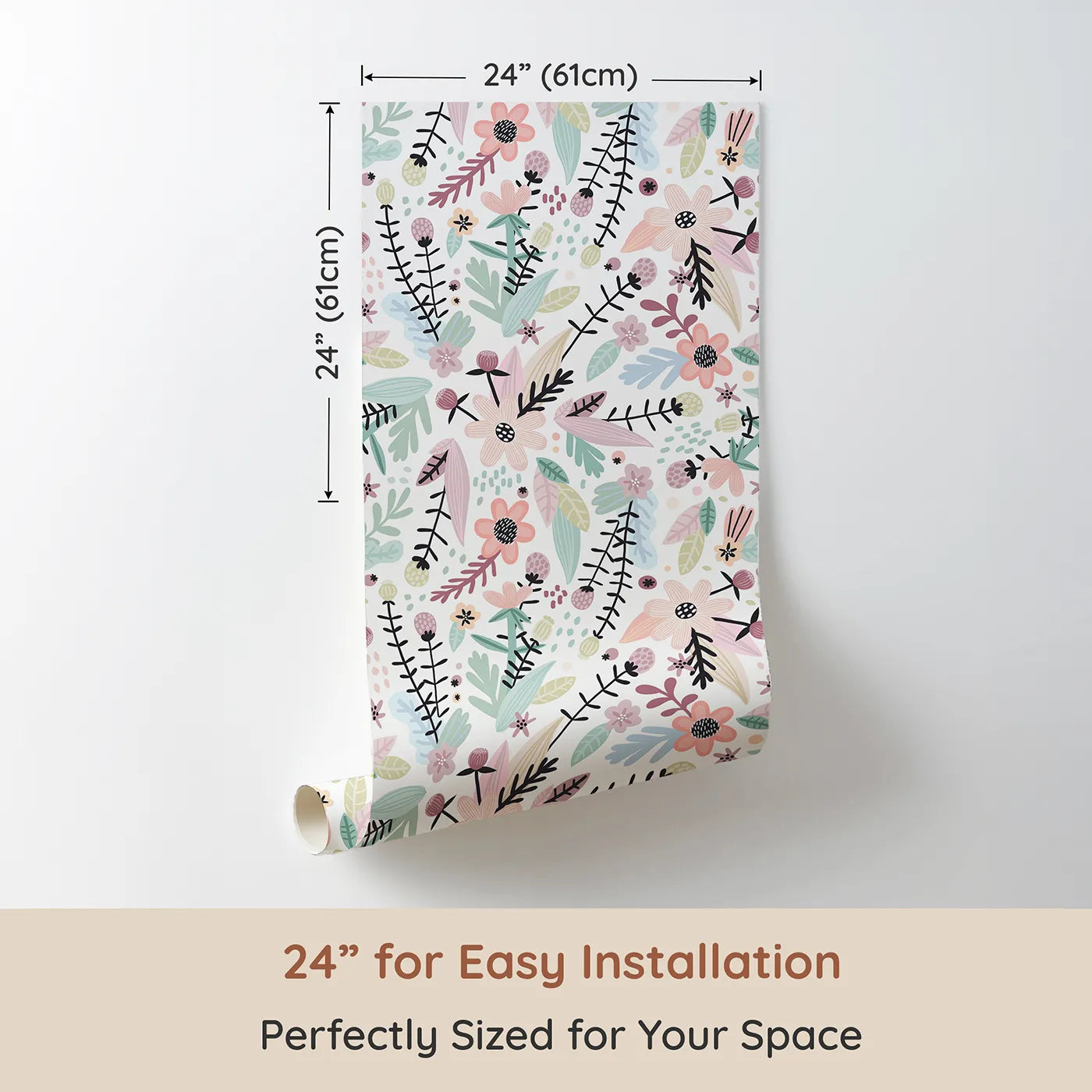 Dimension view of Whimsy Tots Pastel Wildflower Garden Wallpaper (W2059). Printed in 24-inch-wide panel for easy installation. Where modern, hand-drawn flowers bloom in a soft pastel palette.