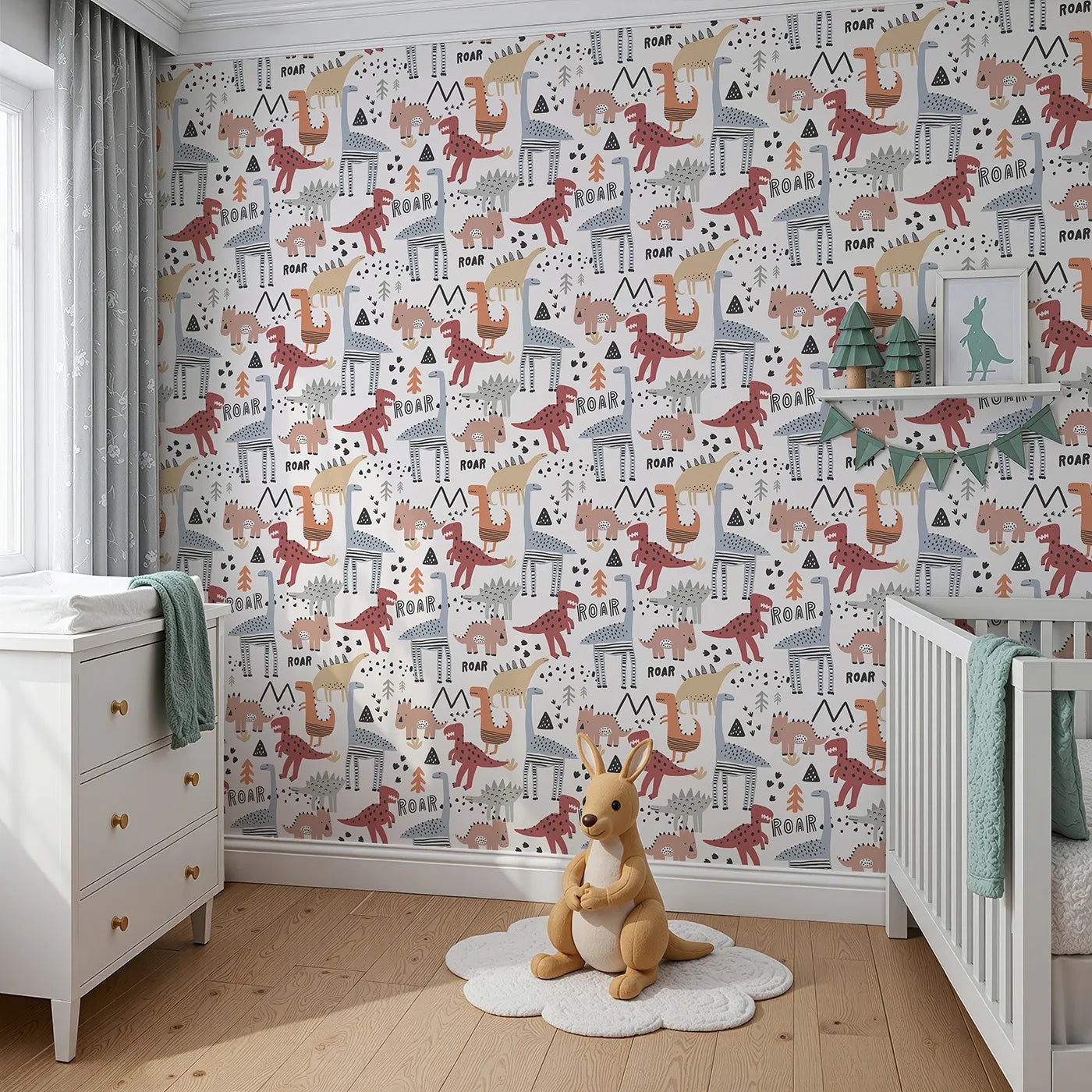 Angled view of Whimsy Tots' Scandi Dino Roar Wallpaper (W2060).Where cool, stylized dinosaurs roam a playful landscape.