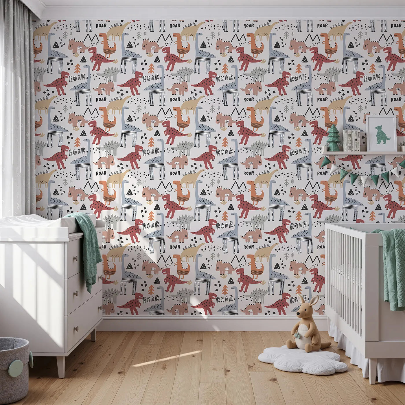 Front view of Whimsy Tots' Scandi Dino Roar Wallpaper