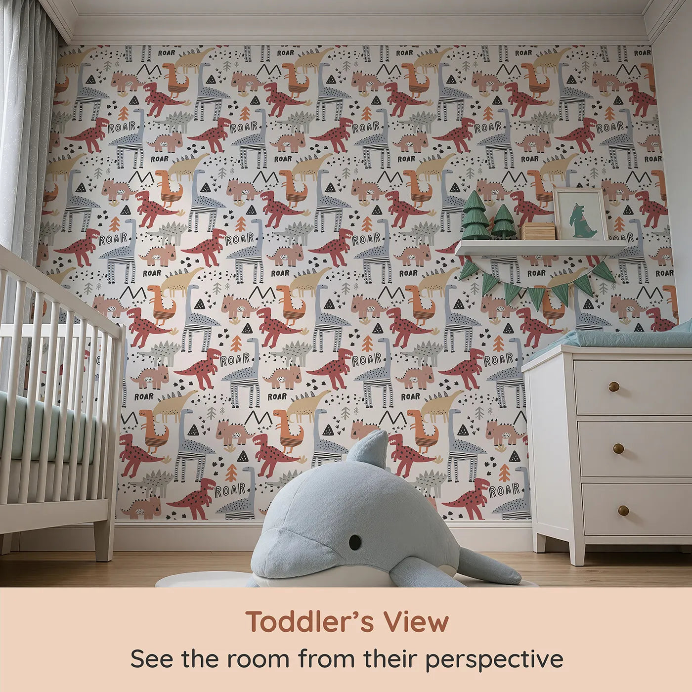 Whimsy Tots Scandi Dino Roar Wallpaper (W2060) from your child's view.Where cool, stylized dinosaurs roam a playful landscape.