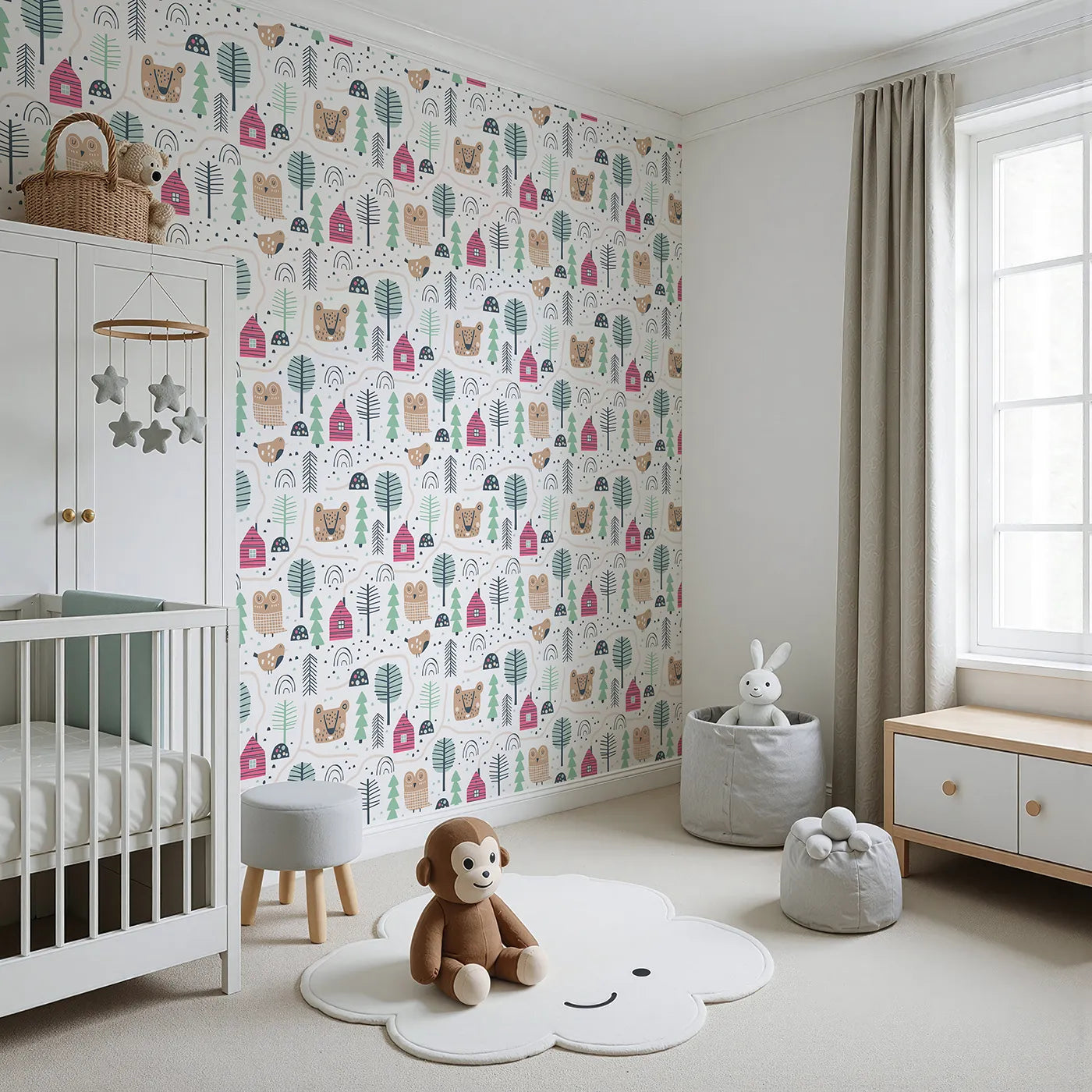 Angled view of Whimsy Tots' Woodland Village Path Wallpaper (W2062).Where friendly animals and sweet little houses are connected by winding paths.