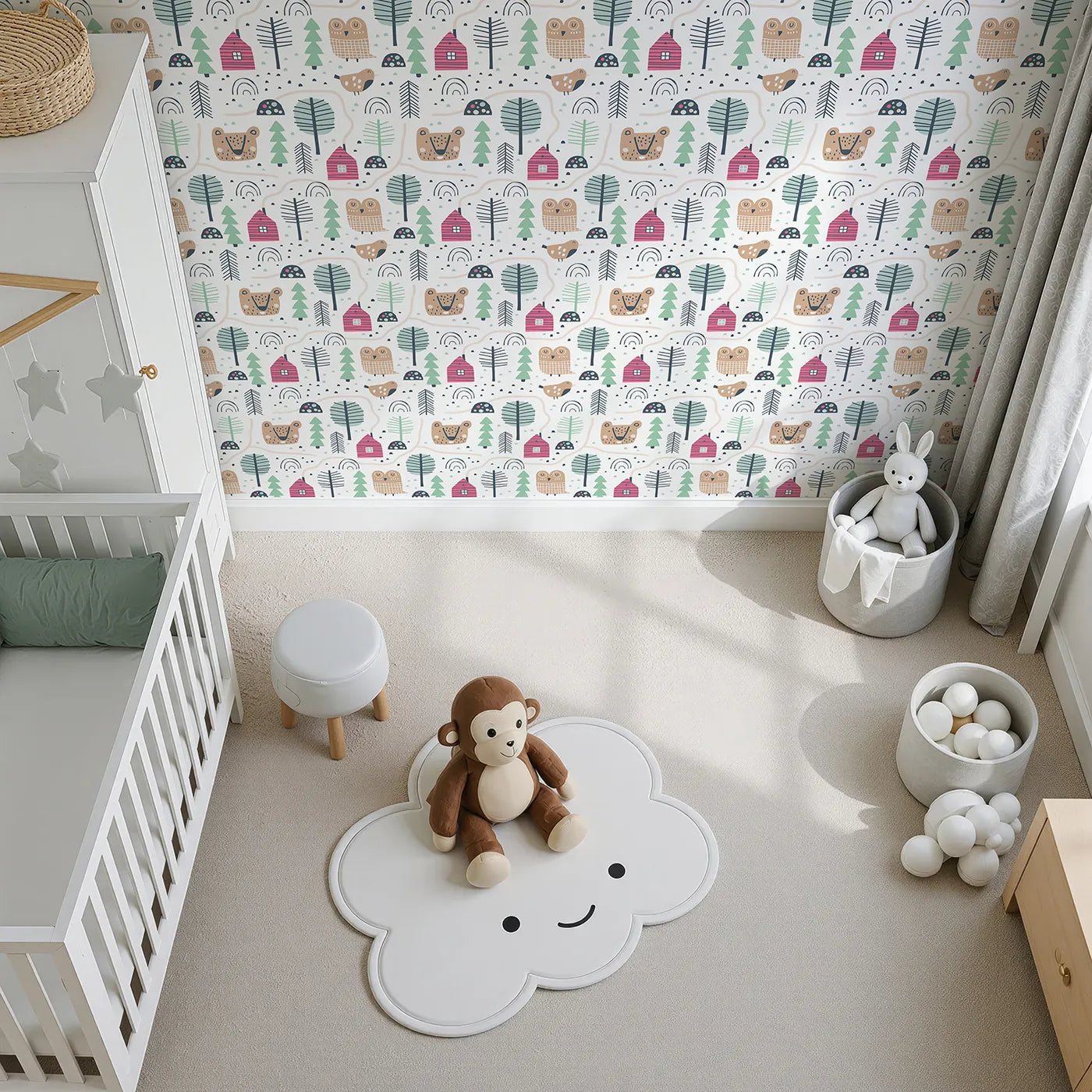 Top-Down view of Whimsy Tots' Woodland Village Path Wallpaper (W2062).Where friendly animals and sweet little houses are connected by winding paths.