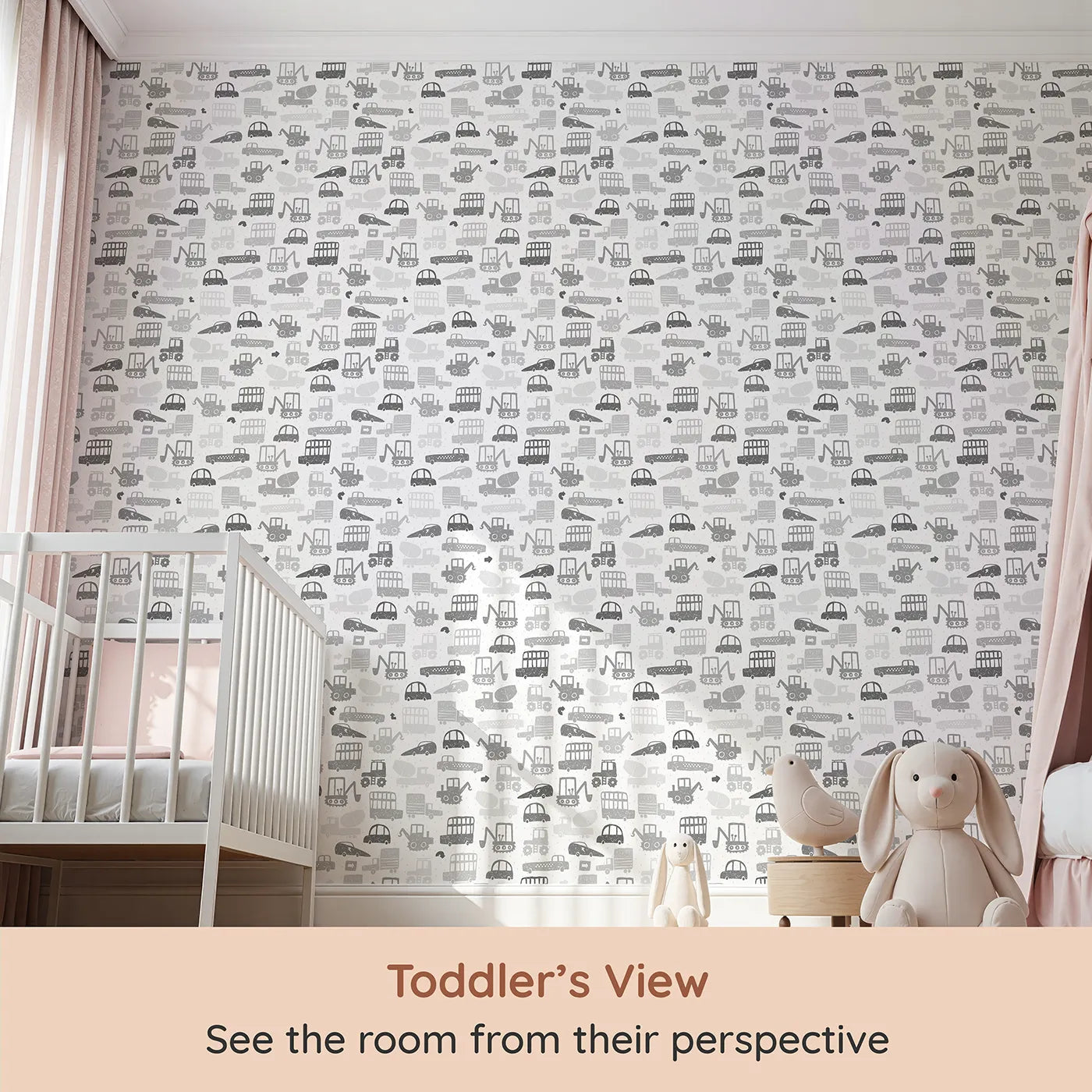 Whimsy Tots Monochrome Vehicle Mashup Wallpaper (W2063) from your child's view.Where all kinds of cars and trucks are on the move.