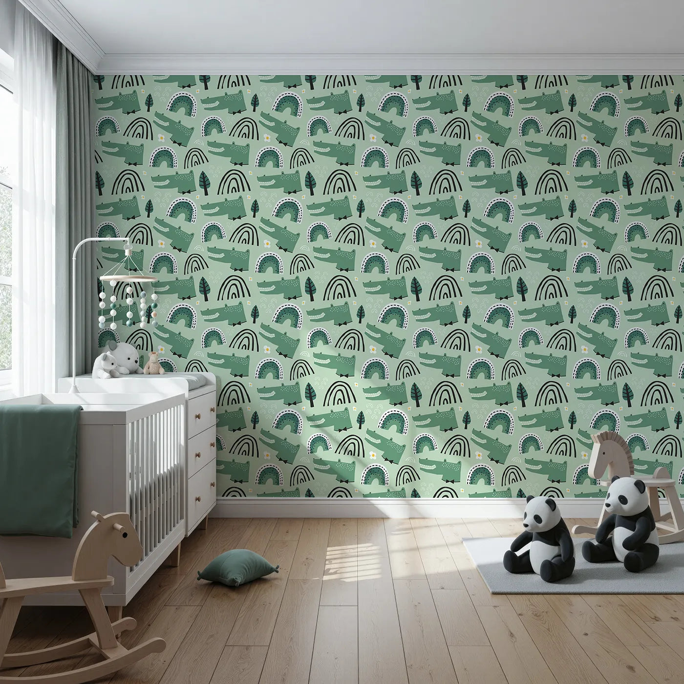 Front view of Whimsy Tots' Crocodile Rainbow Party Wallpaper in Green