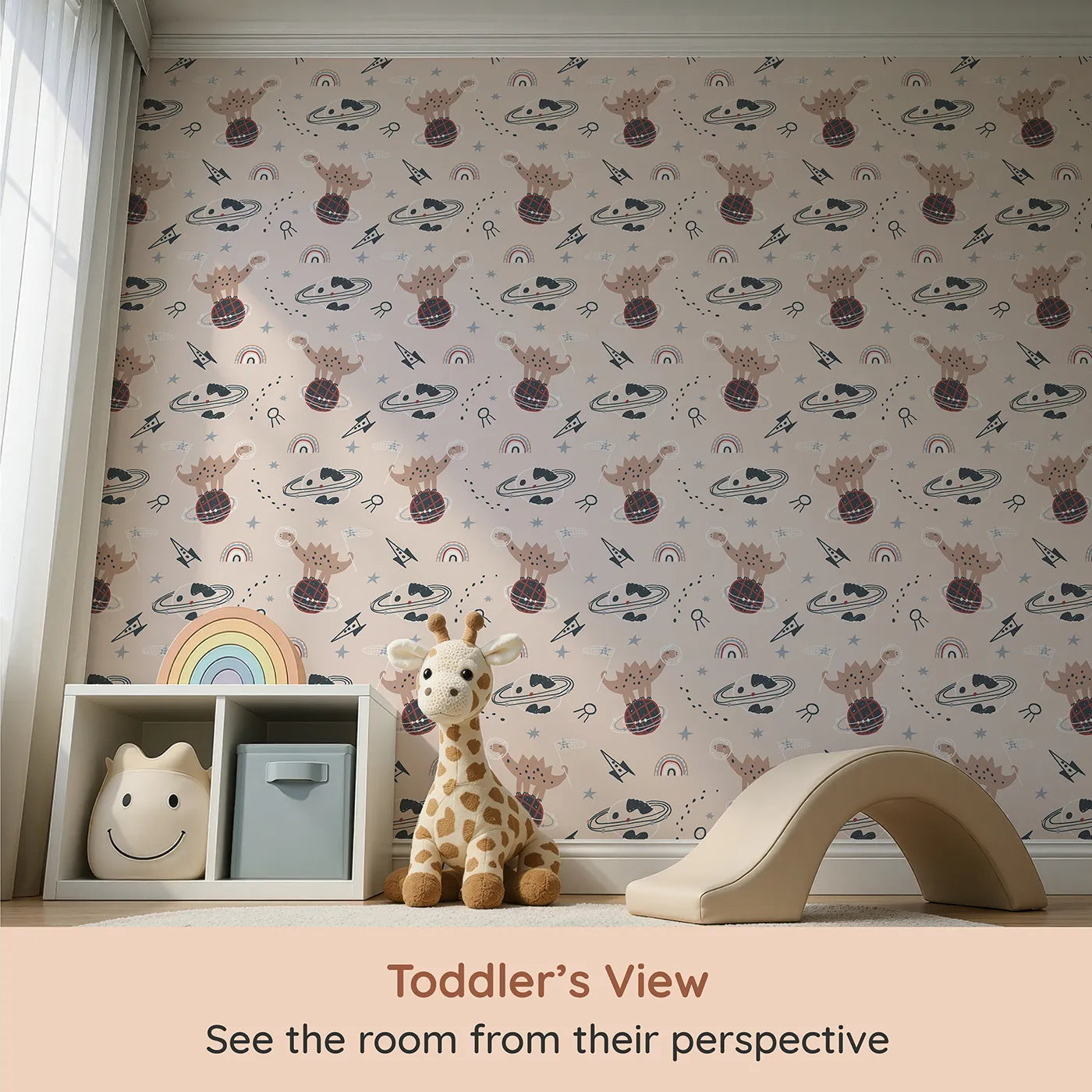 Whimsy Tots Dino Planet Explorer Wallpaper (W2067) from your child's view.Where friendly dinosaurs discover a universe of fun.