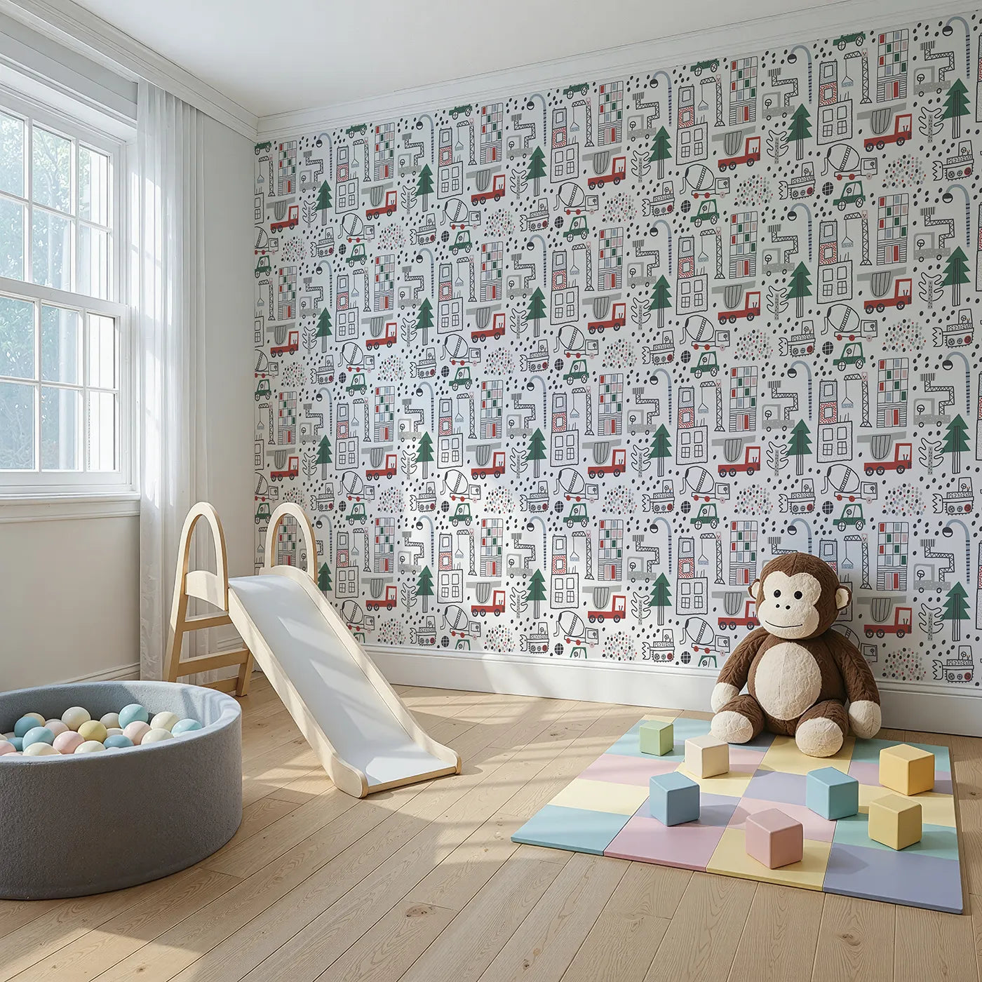 Angled view of Whimsy Tots' Doodle Construction City Wallpaper (W2068).Where hand-drawn trucks and buildings are busy at work and play.