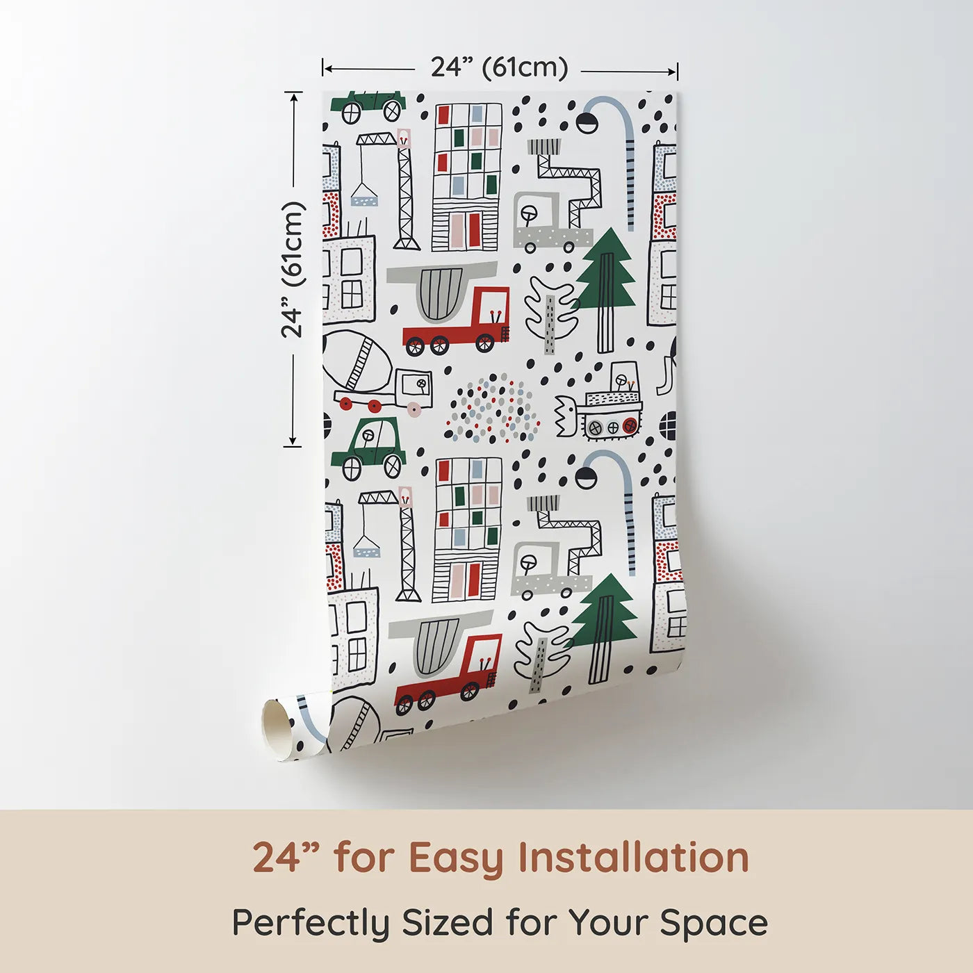 Dimension view of Whimsy Tots Doodle Construction City Wallpaper (W2068). Printed in 24-inch-wide panel for easy installation. Where hand-drawn trucks and buildings are busy at work and play.