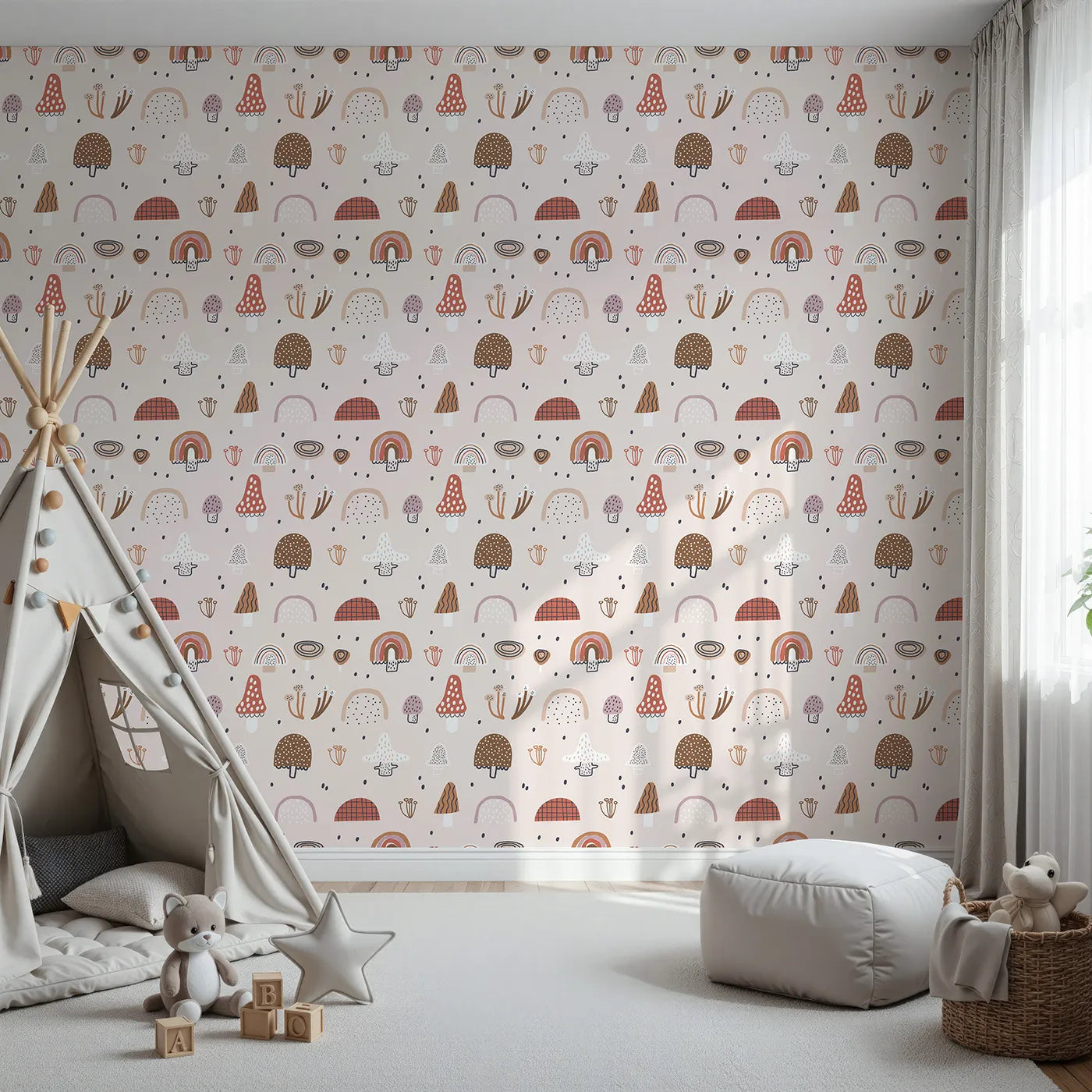 Front view of Whimsy Tots' Boho Mushroom Rainbow Wallpaper