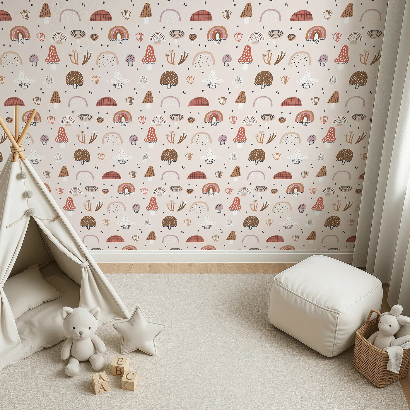 Top-Down view of Whimsy Tots' Boho Mushroom Rainbow Wallpaper (W2069).Where whimsical mushrooms and earthy rainbows sprout with magic.
