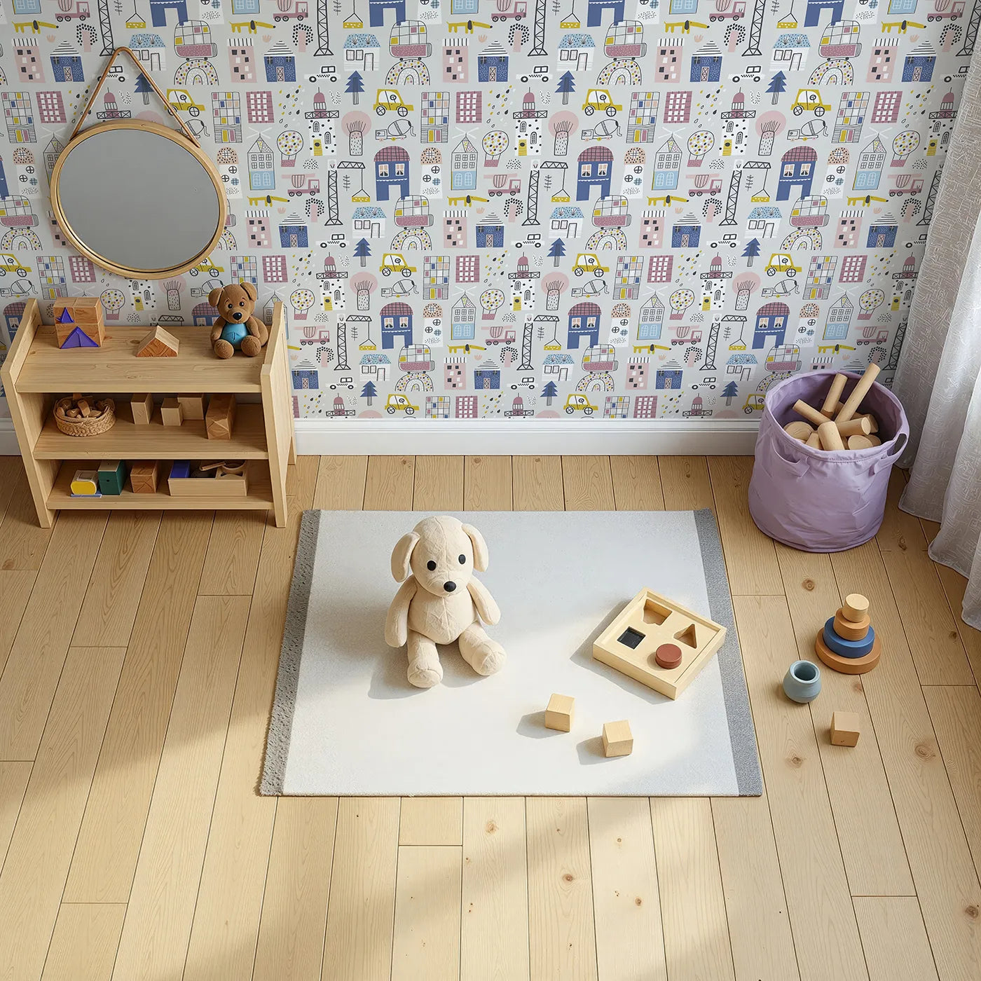 Top-Down view of Whimsy Tots' Busy Scandi Town Wallpaper (W2070).Where colorful houses and quirky cars create a happy neighborhood.