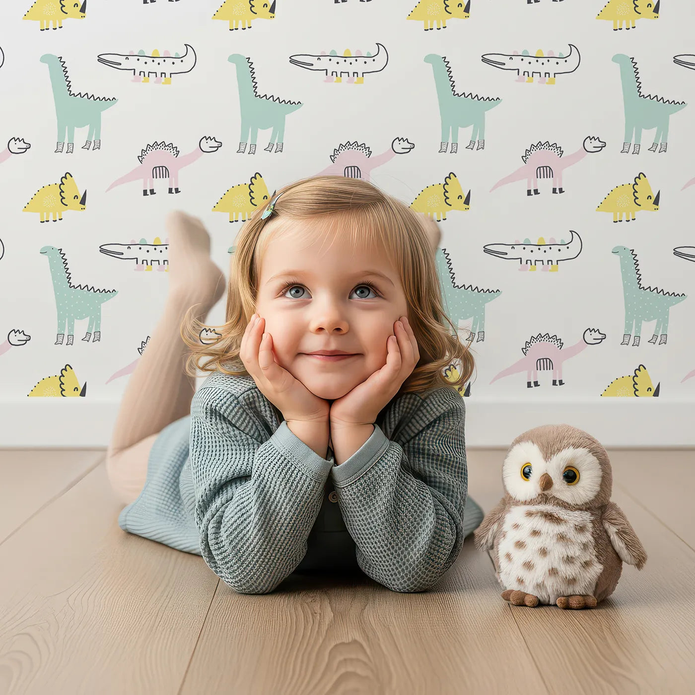 Lovely child standing in front of Whimsy Tots Pastel Dino Friends Wallpaper with dinosaur, cute, pastel, t-rex, triceratops in design.