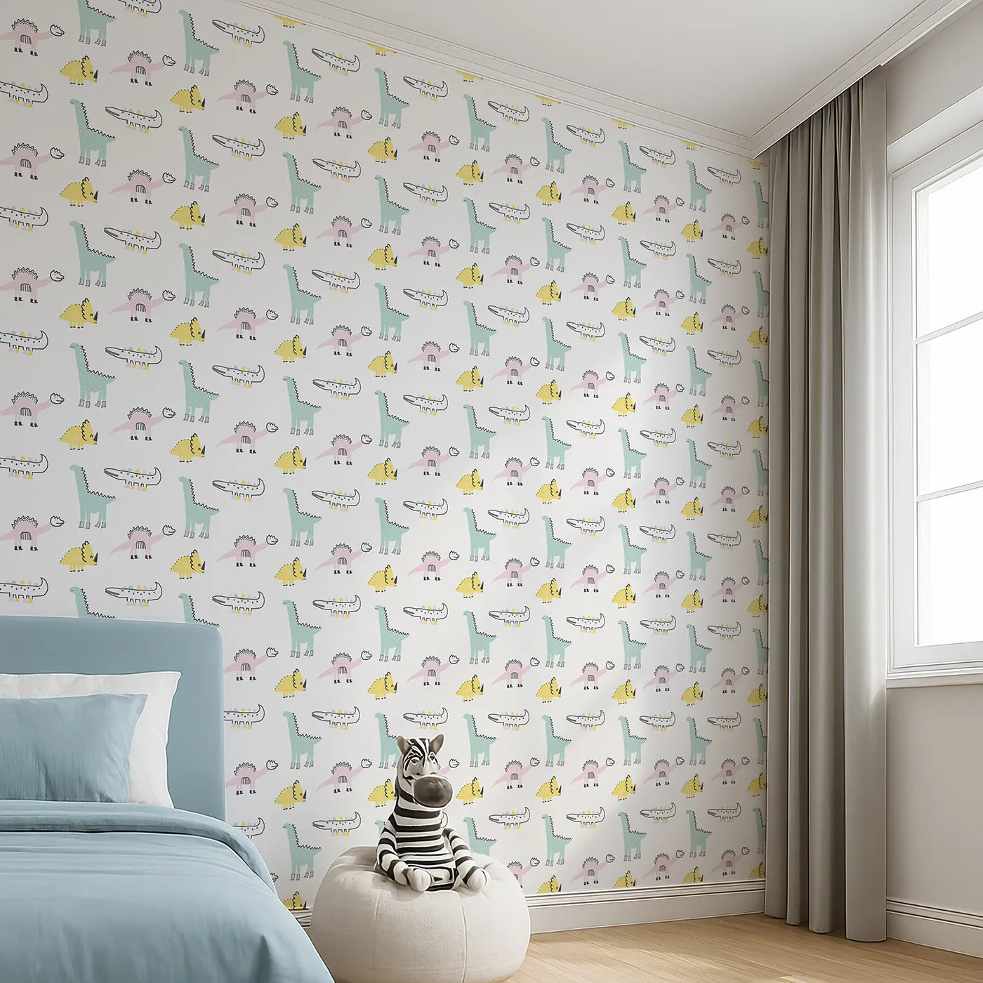 Angled view of Whimsy Tots' Pastel Dino Friends Wallpaper (W2074).Where the gentlest dinosaurs roam in a pastel dream.