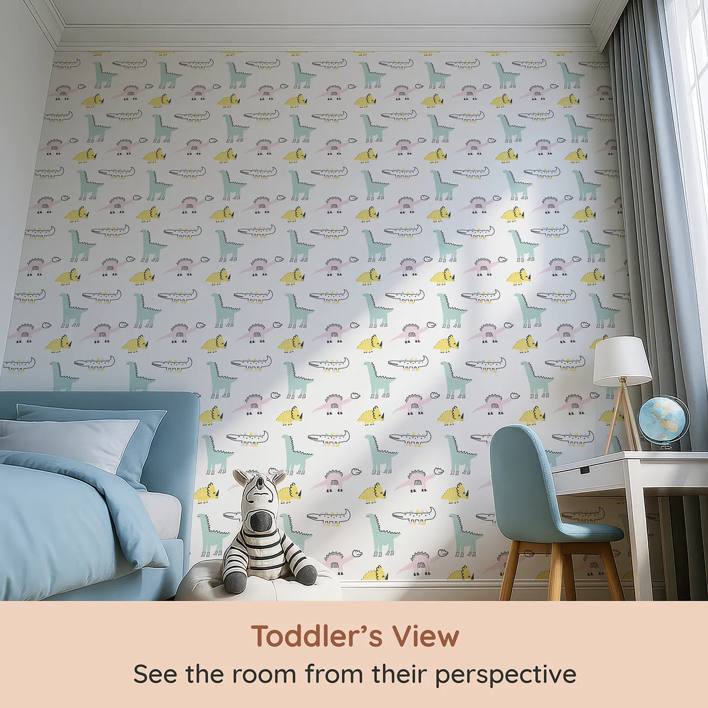 Whimsy Tots Pastel Dino Friends Wallpaper (W2074) from your child's view.Where the gentlest dinosaurs roam in a pastel dream.