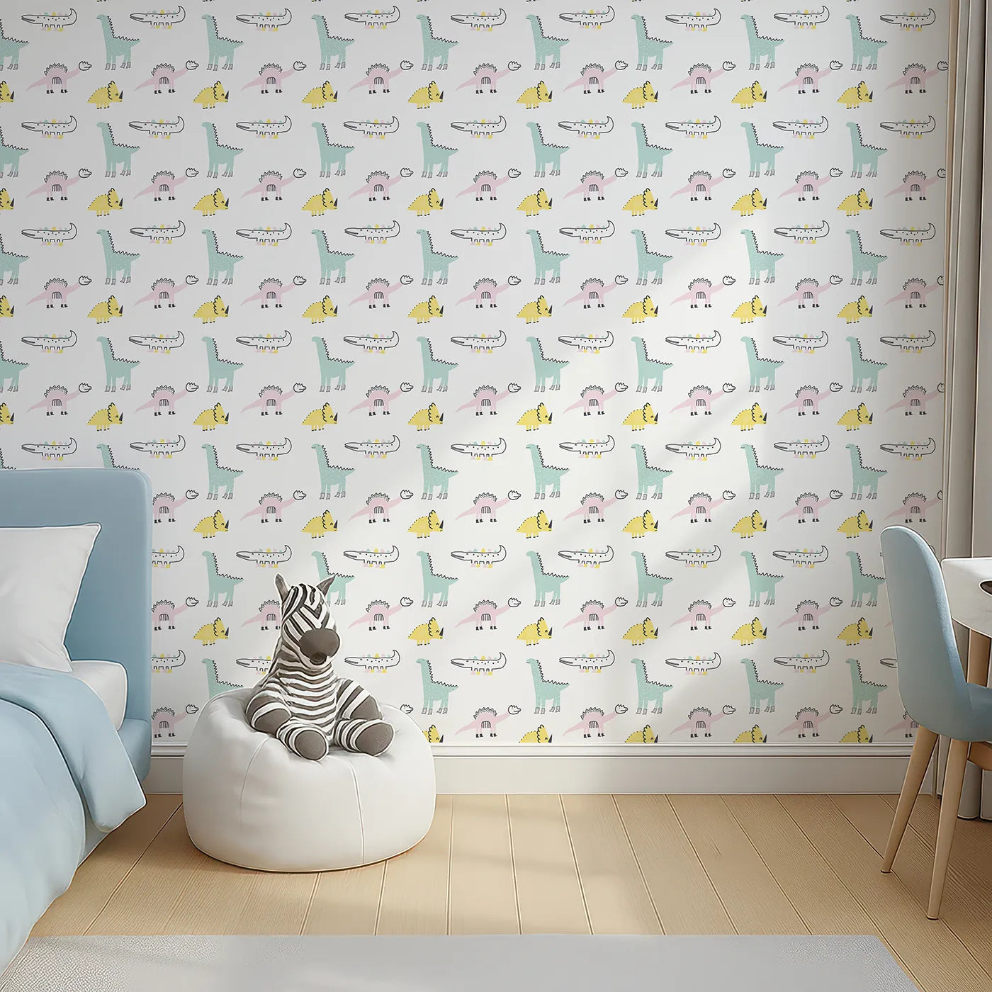 Top-Down view of Whimsy Tots' Pastel Dino Friends Wallpaper (W2074).Where the gentlest dinosaurs roam in a pastel dream.