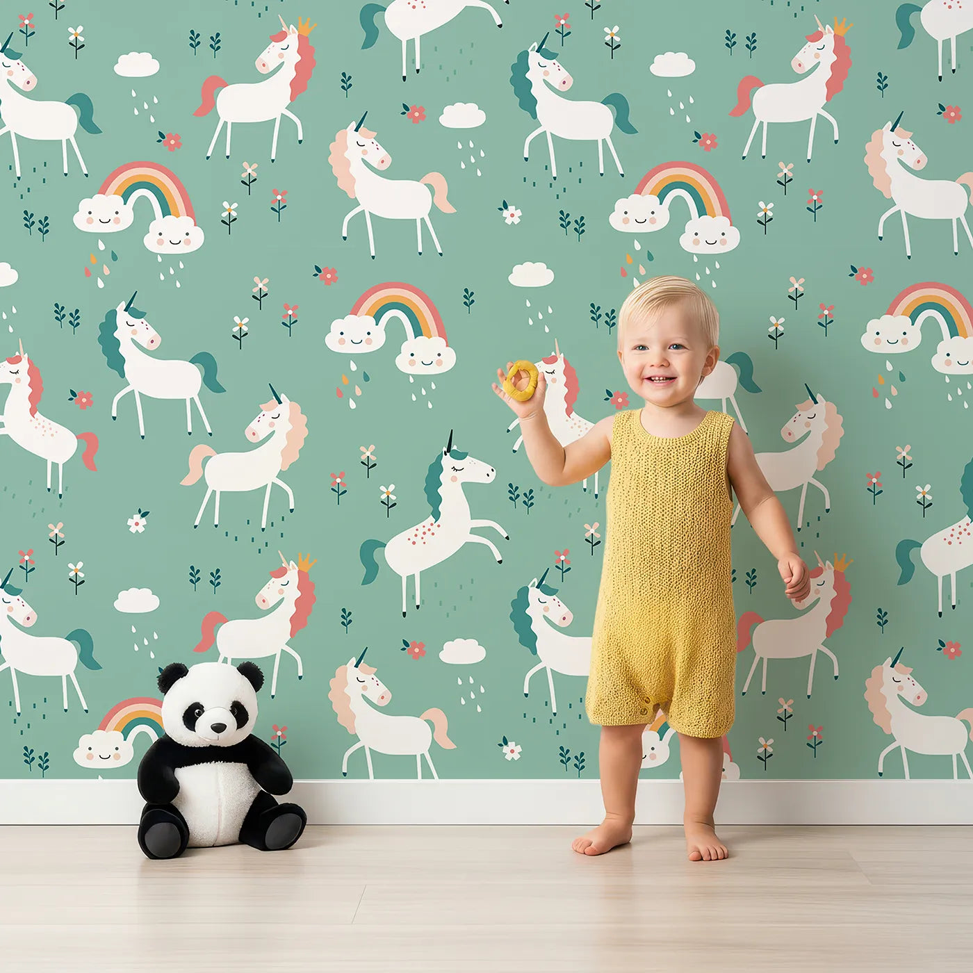 Lovely child standing in front of Whimsy Tots Unicorn Rainbow Showers Wallpaper in Green with unicorn, rainbow, cloud, flower, rain in design.
