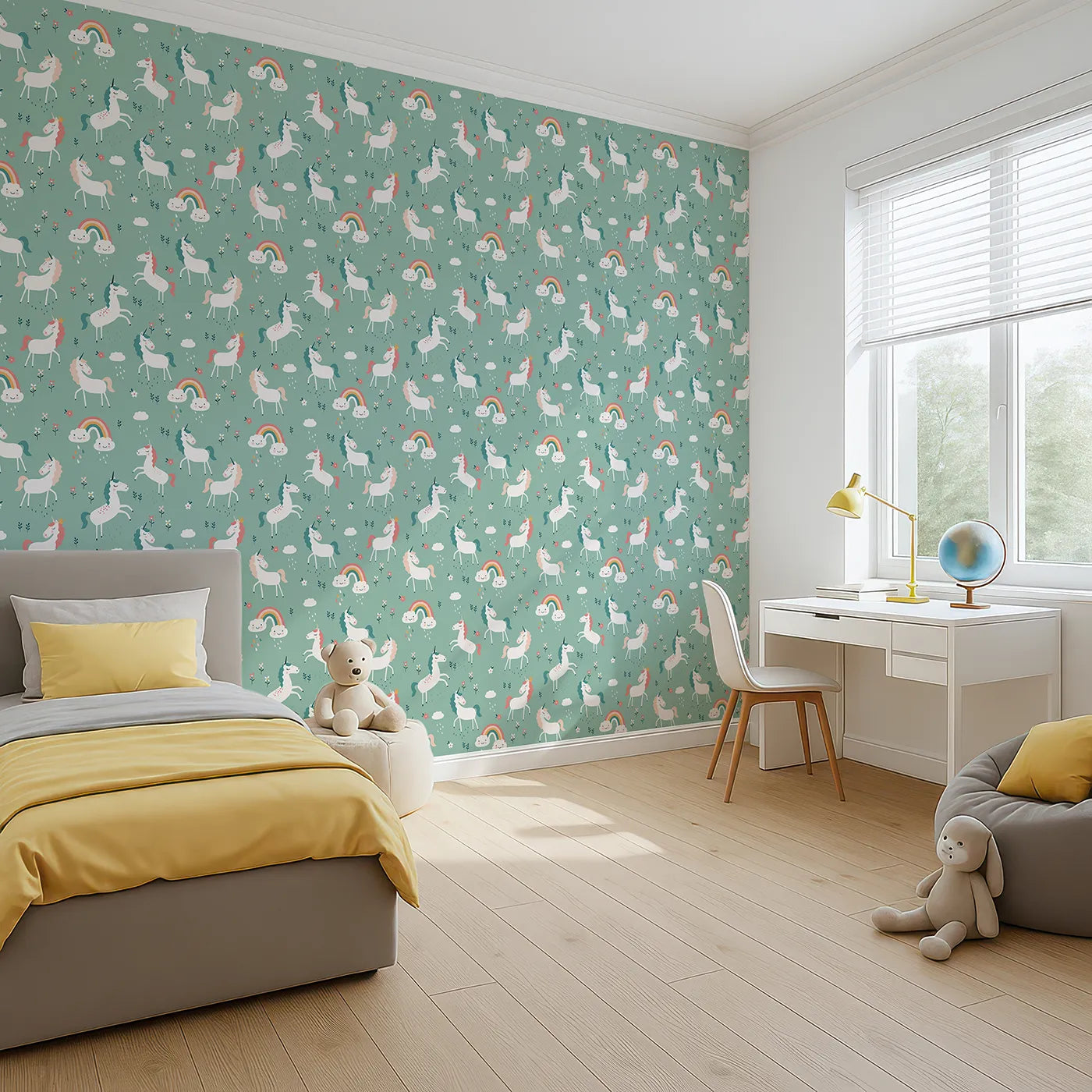 Angled view of Whimsy Tots' Unicorn Rainbow Showers Wallpaper in Green (W2075).Where unicorns prance under happy rainbows and gentle showers.