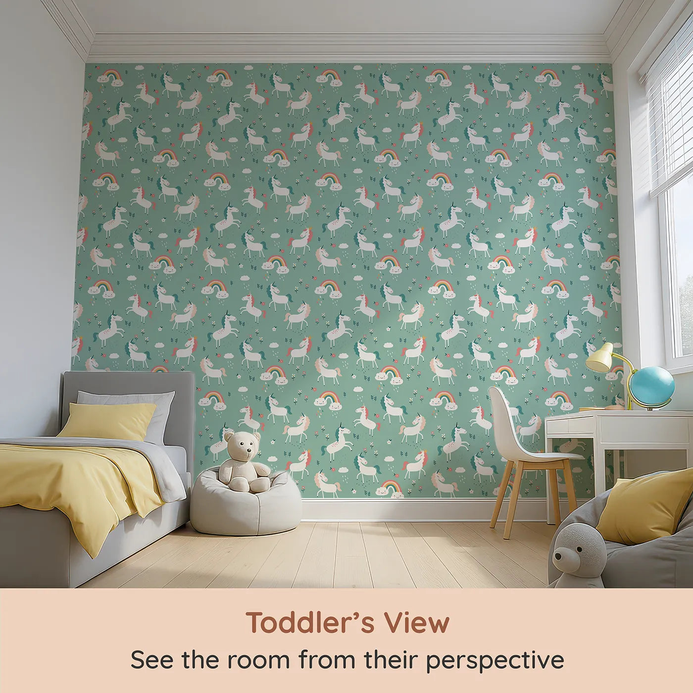Whimsy Tots Unicorn Rainbow Showers Wallpaper in Green (W2075) from your child's view.Where unicorns prance under happy rainbows and gentle showers.