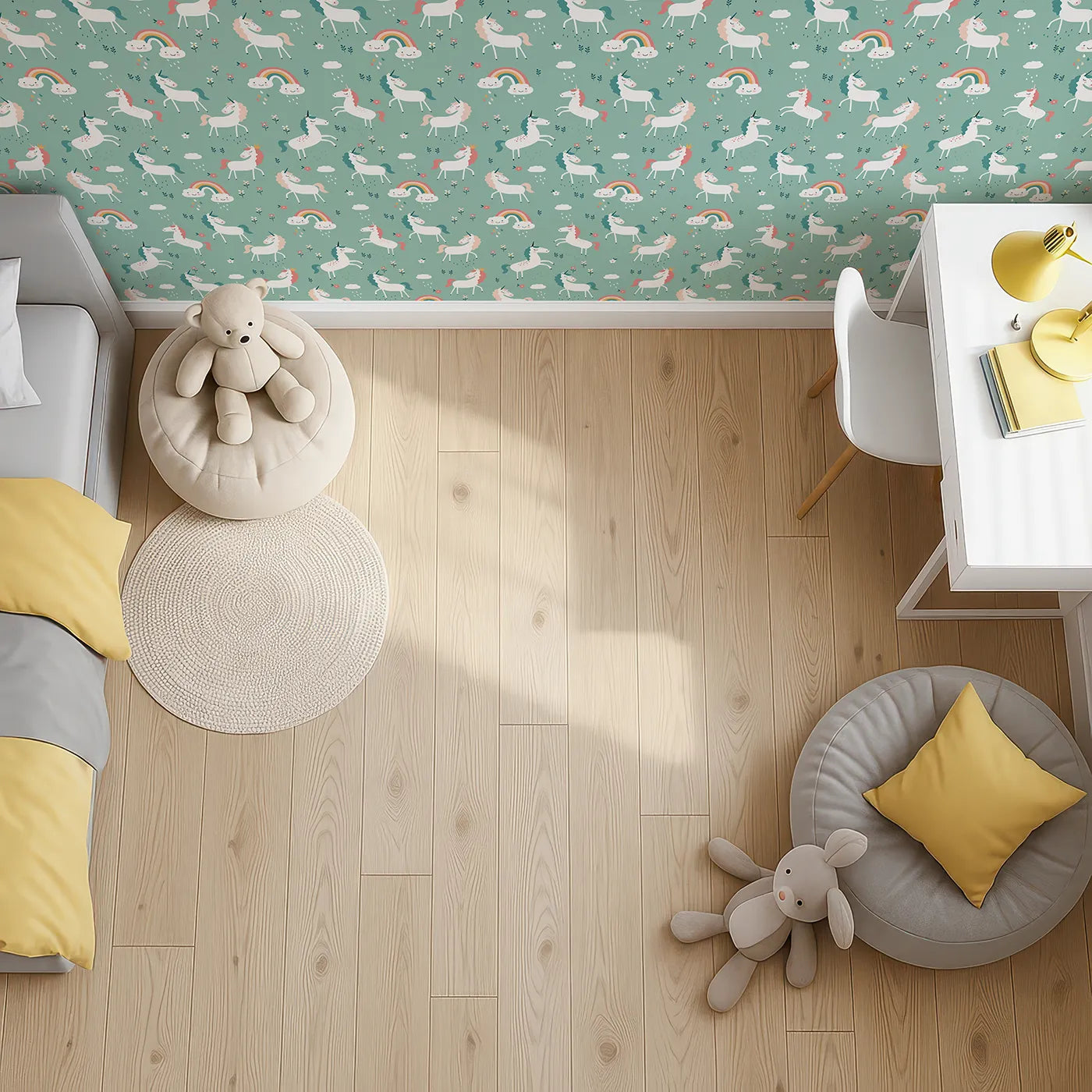 Top-Down view of Whimsy Tots' Unicorn Rainbow Showers Wallpaper in Green (W2075).Where unicorns prance under happy rainbows and gentle showers.