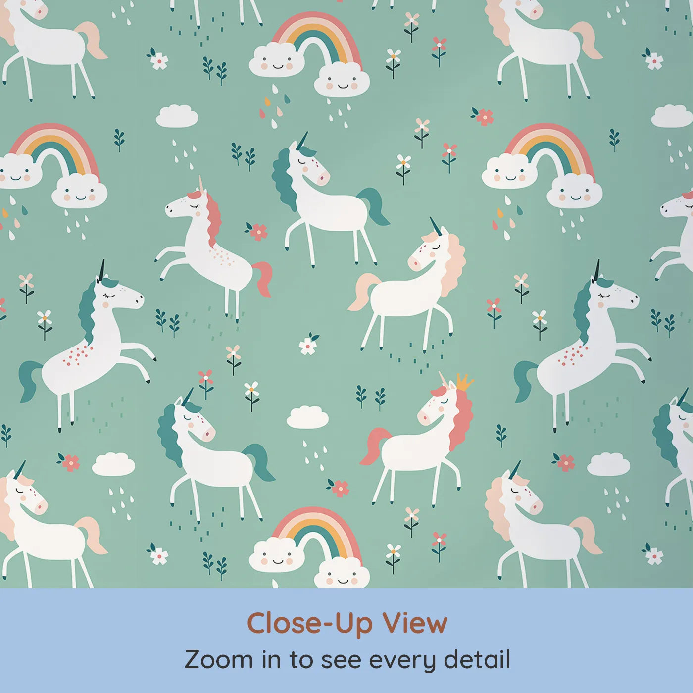 Close-up view of Whimsy Tots' Unicorn Rainbow Showers Wallpaper in Green (W2075).Where unicorns prance under happy rainbows and gentle showers.