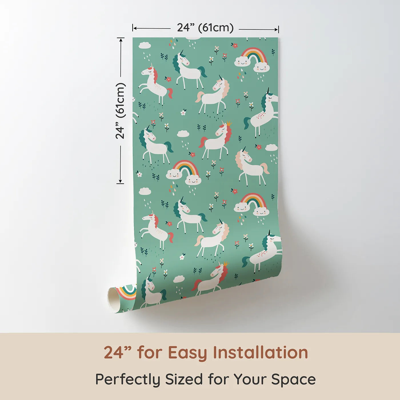Dimension view of Whimsy Tots Unicorn Rainbow Showers Wallpaper in Green (W2075). Printed in 24-inch-wide panel for easy installation. Where unicorns prance under happy rainbows and gentle showers.