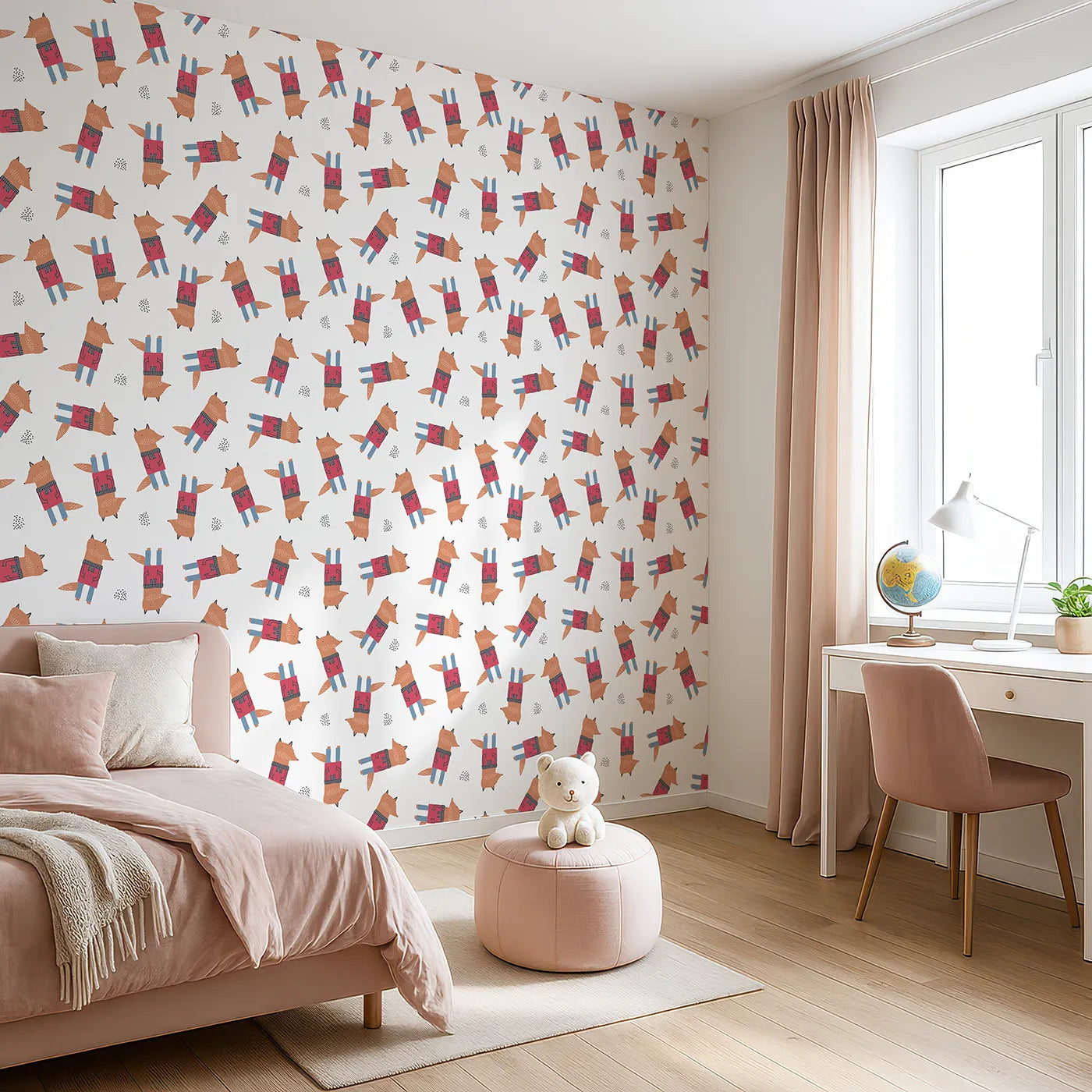 Angled view of Whimsy Tots' Geometric Fox Friends Wallpaper (W2076).Where modern, geometric foxes are dressed for adventure.