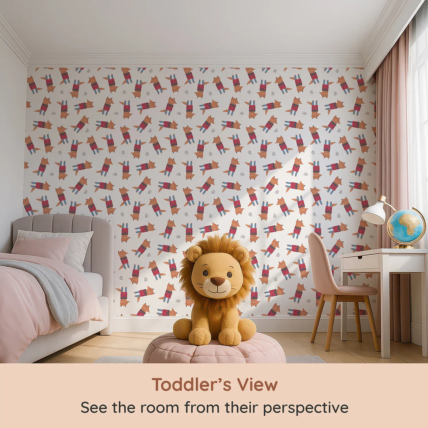 Whimsy Tots Geometric Fox Friends Wallpaper (W2076) from your child's view.Where modern, geometric foxes are dressed for adventure.