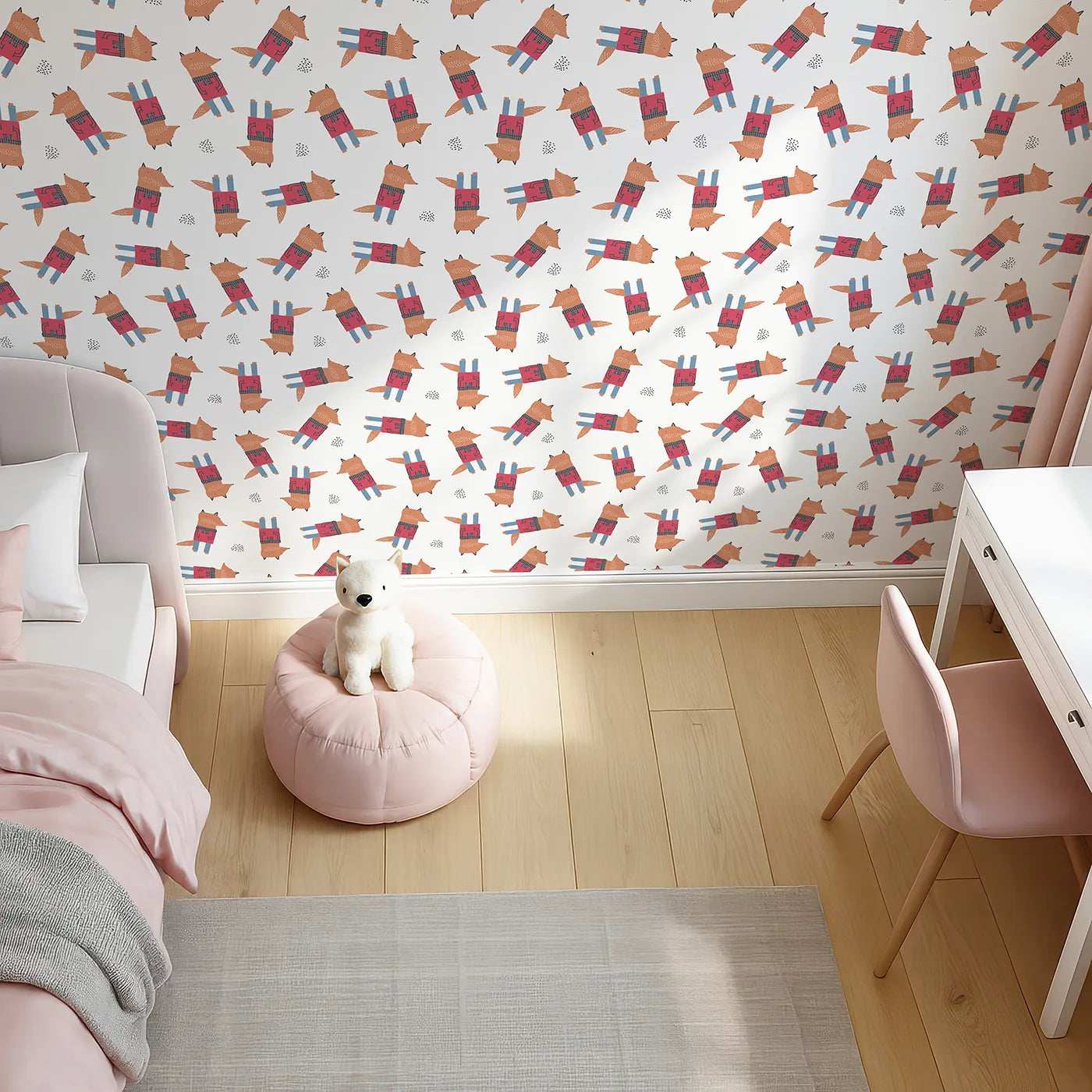 Top-Down view of Whimsy Tots' Geometric Fox Friends Wallpaper (W2076).Where modern, geometric foxes are dressed for adventure.