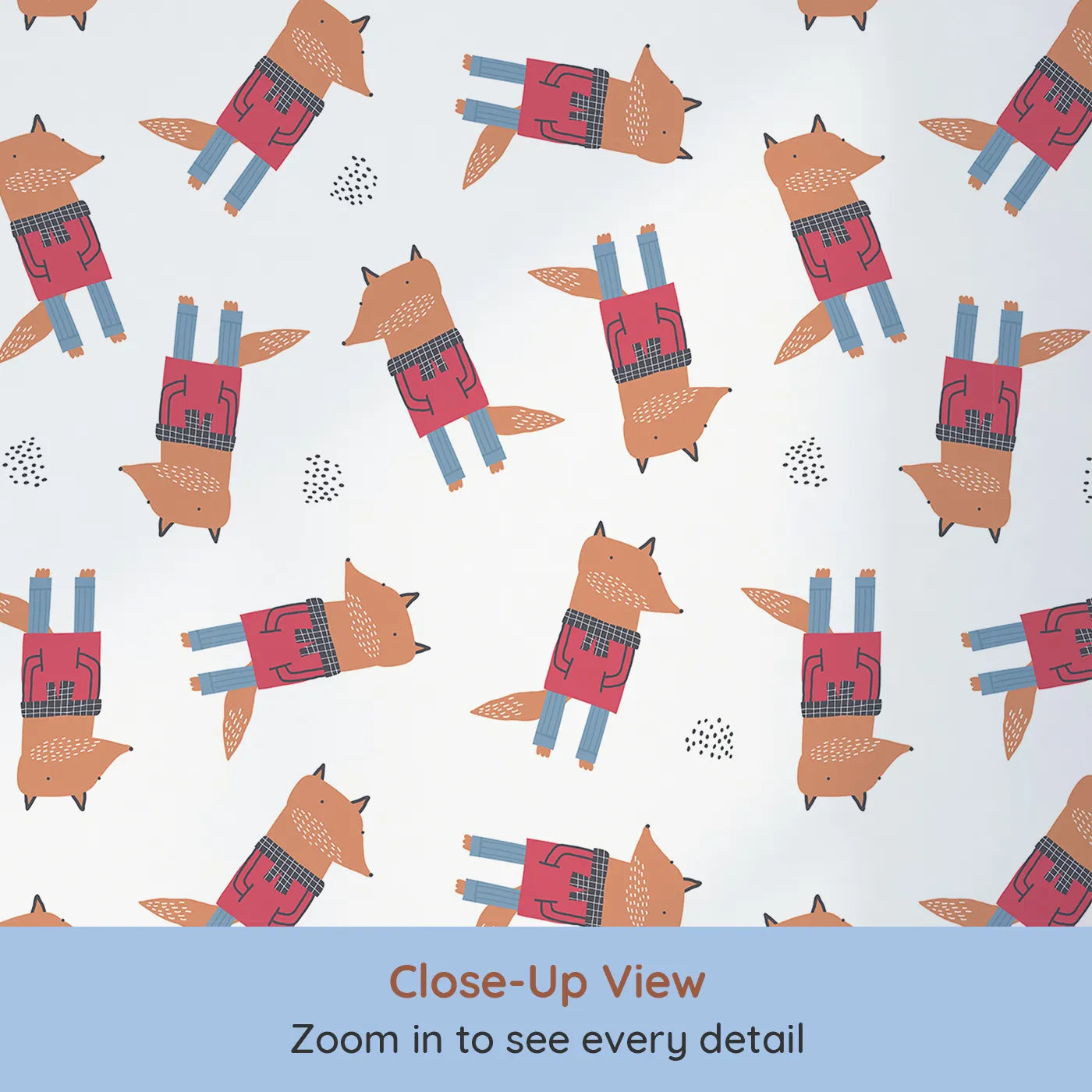 Close-up view of Whimsy Tots' Geometric Fox Friends Wallpaper (W2076).Where modern, geometric foxes are dressed for adventure.