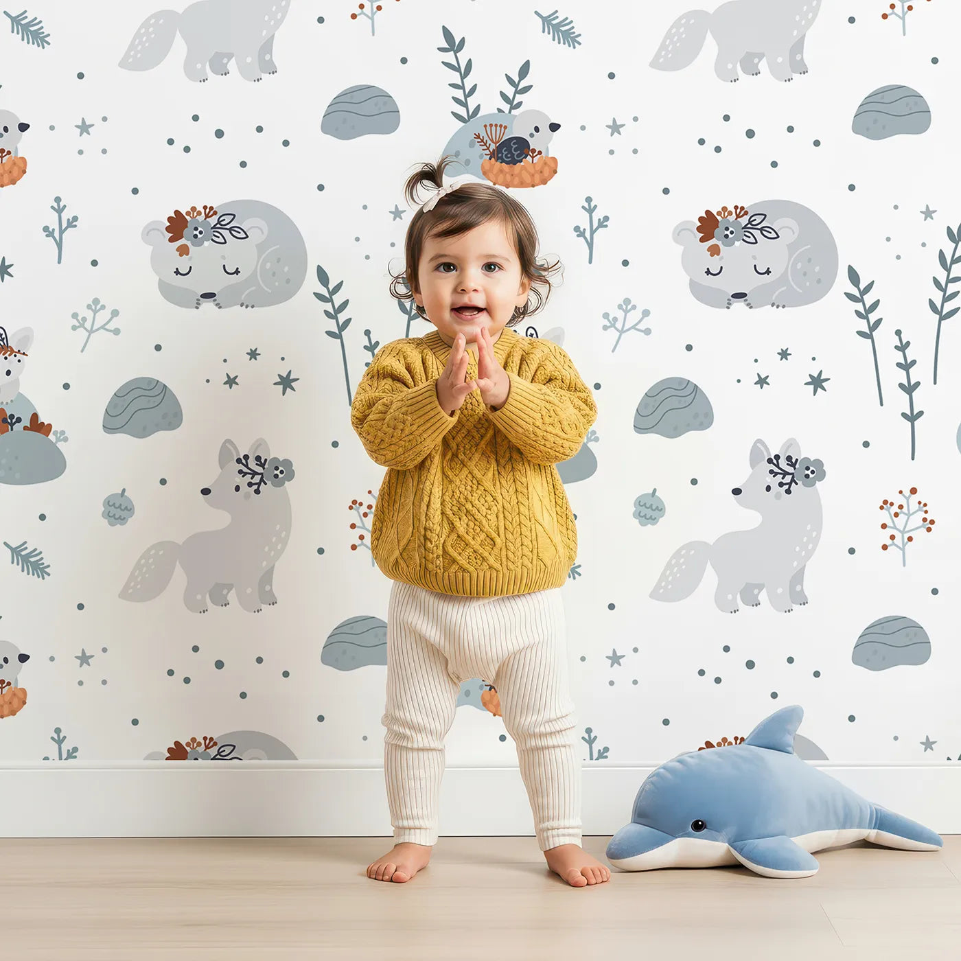 Lovely child standing in front of Whimsy Tots Arctic Fox Winter Meadow Wallpaper with fox, arctic, winter, woodland, flower in design.