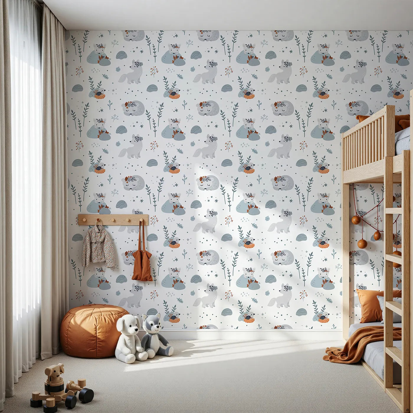 Front view of Whimsy Tots' Arctic Fox Winter Meadow Wallpaper