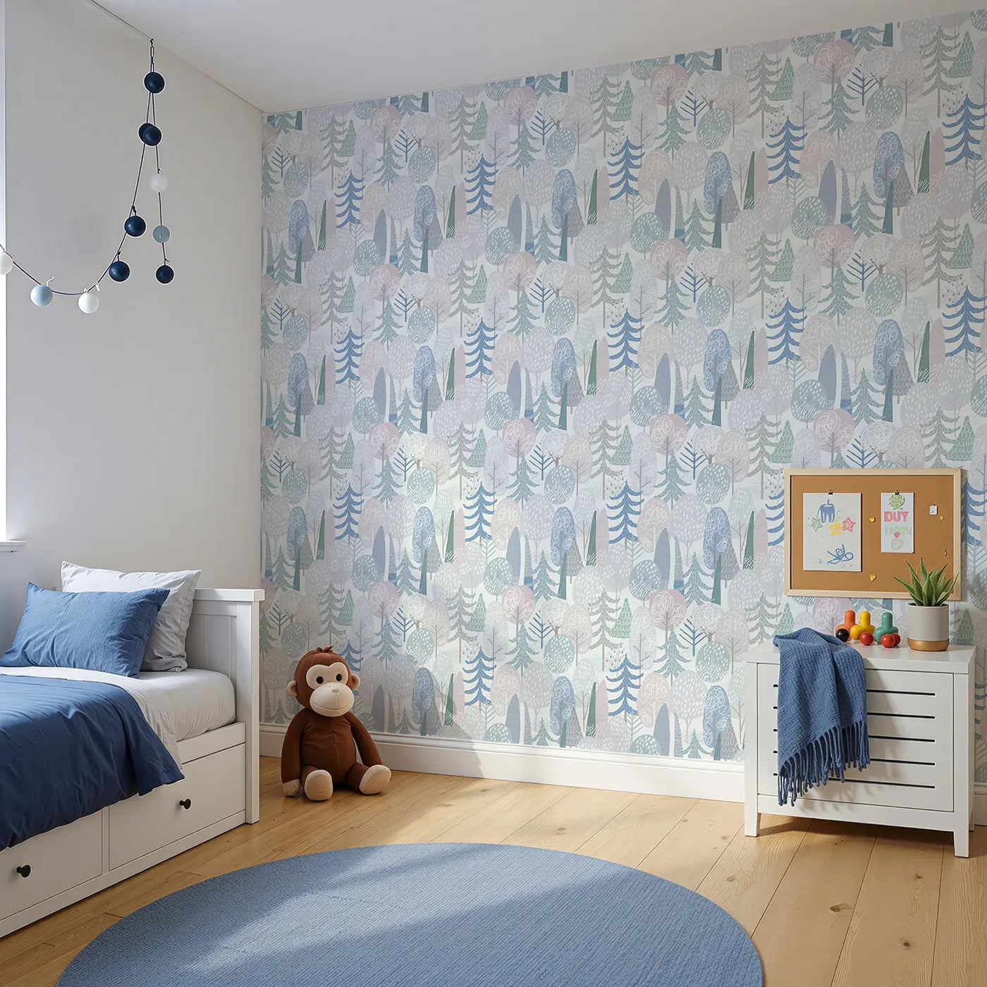Angled view of Whimsy Tots' Pastel Winter Woods Wallpaper (W2079).Where stylized trees are dusted in soft, wintery pastels.