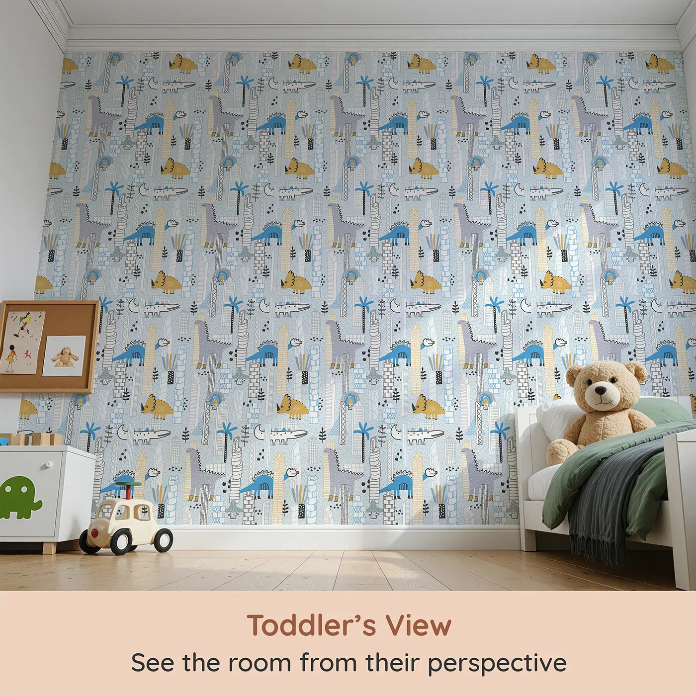 Whimsy Tots Dino City Adventure Wallpaper (W2080) from your child's view.Where friendly dinosaurs roam among cool, modern skyscrapers.