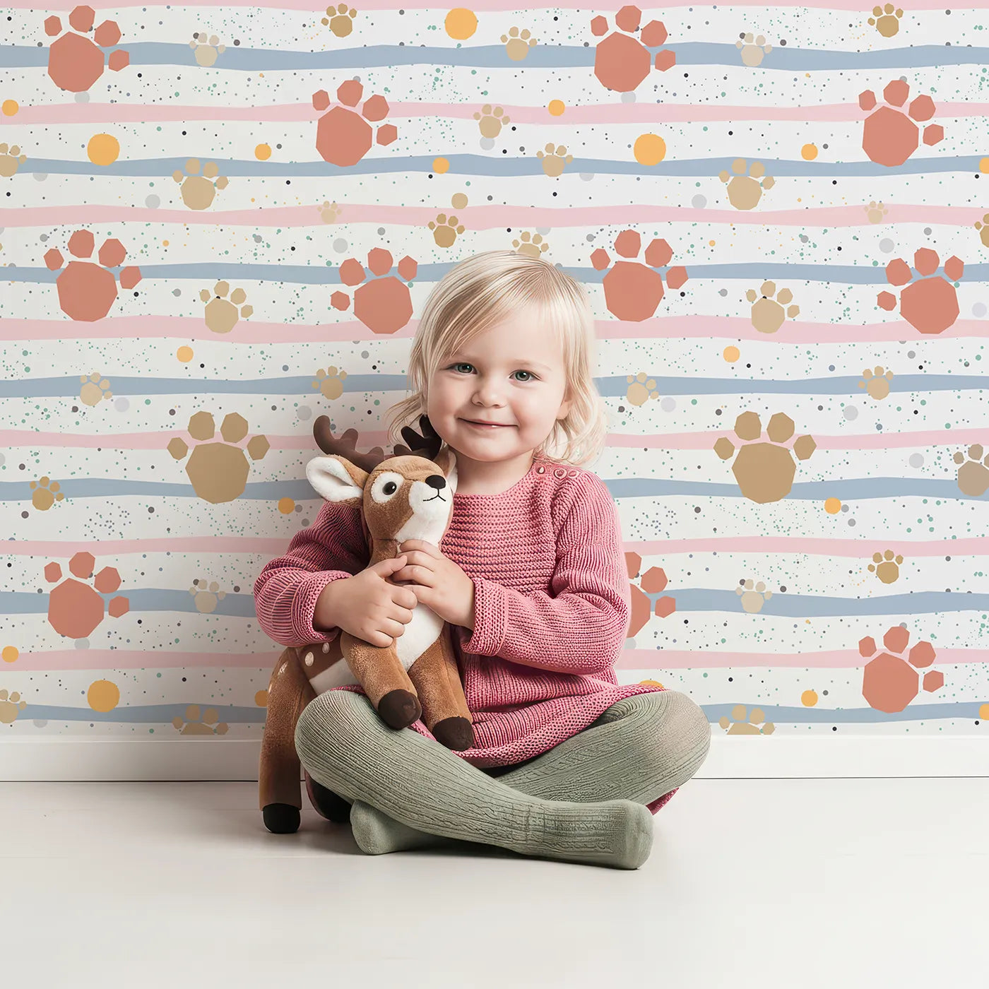 Lovely child standing in front of Whimsy Tots Pastel Paws and Stripes Wallpaper with paw print, stripe, pastel, geometric, animal in design.