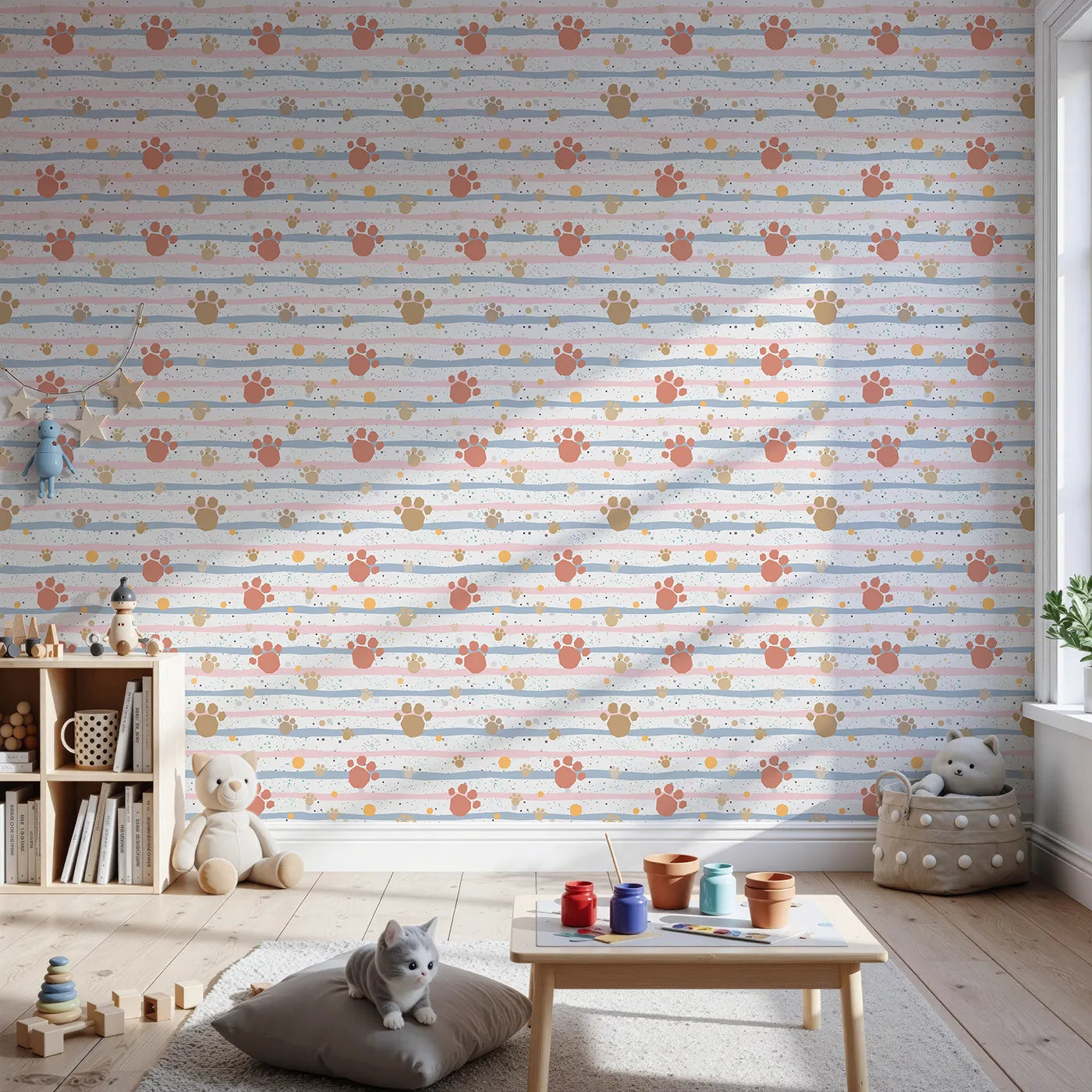 Front view of Whimsy Tots' Pastel Paws and Stripes Wallpaper