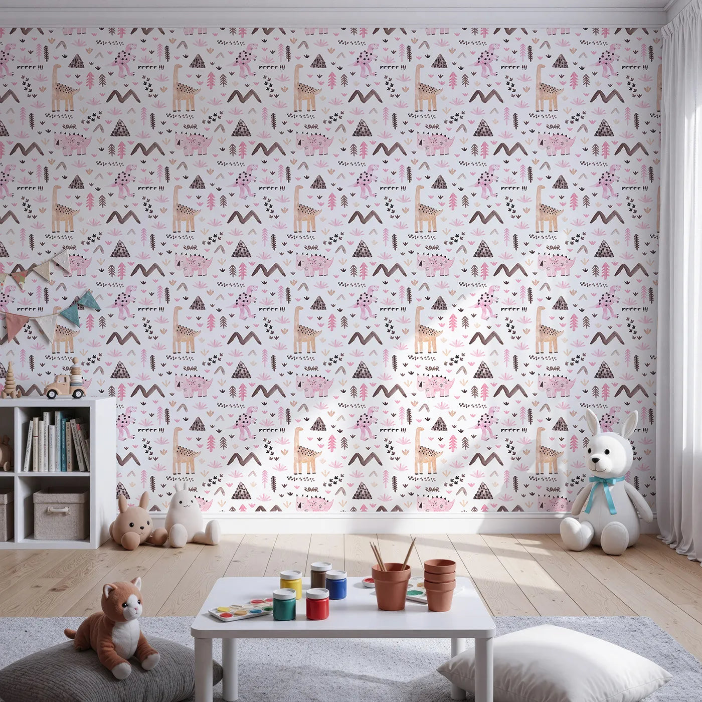 Front view of Whimsy Tots' Watercolor Dino Land Wallpaper in Pink