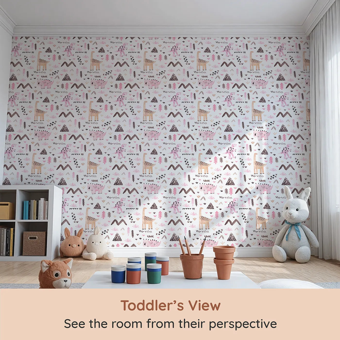 Whimsy Tots Watercolor Dino Land Wallpaper in Pink (W2083) from your child's view.Where pink dinosaurs roam a soft, painted landscape.
