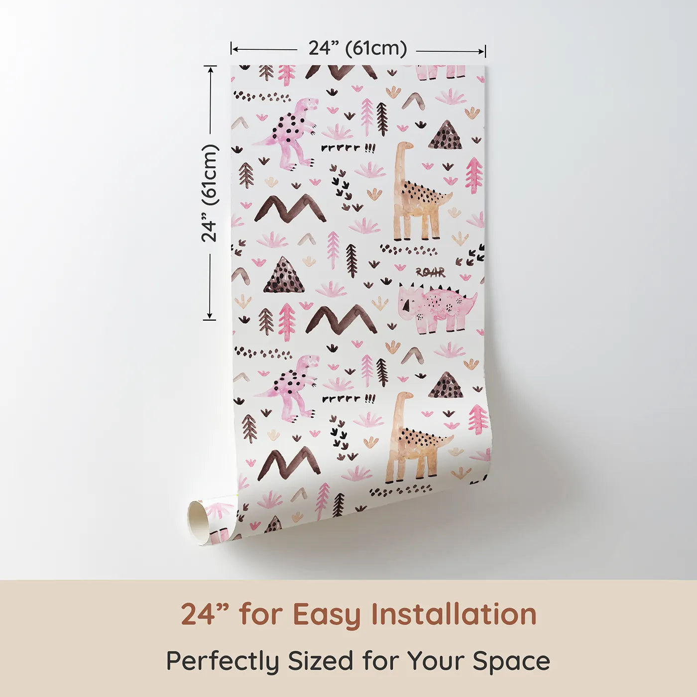 Dimension view of Whimsy Tots Watercolor Dino Land Wallpaper in Pink (W2083). Printed in 24-inch-wide panel for easy installation. Where pink dinosaurs roam a soft, painted landscape.