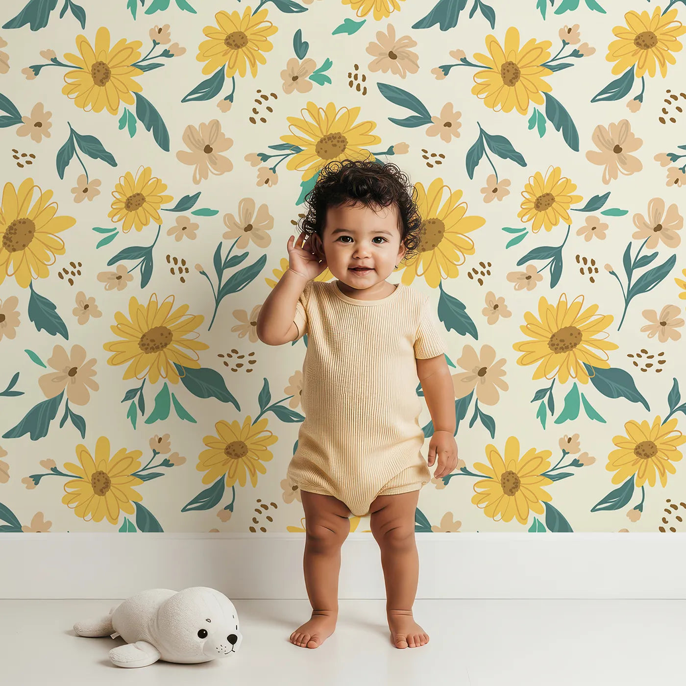 Lovely child standing in front of Whimsy Tots Sunny Sunflower Field Wallpaper with sunflower, flower, floral, yellow, botanical in design.