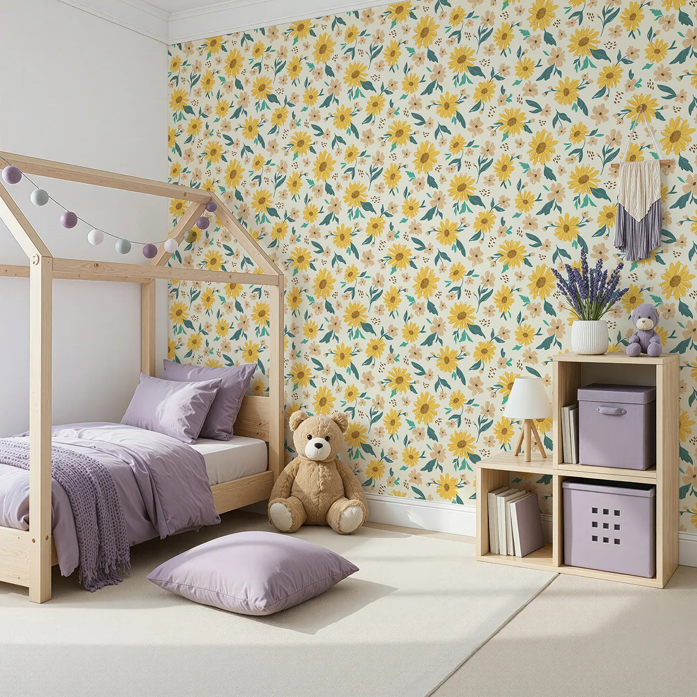 Angled view of Whimsy Tots' Sunny Sunflower Field Wallpaper (W2084).Where happy sunflowers are always facing the light.