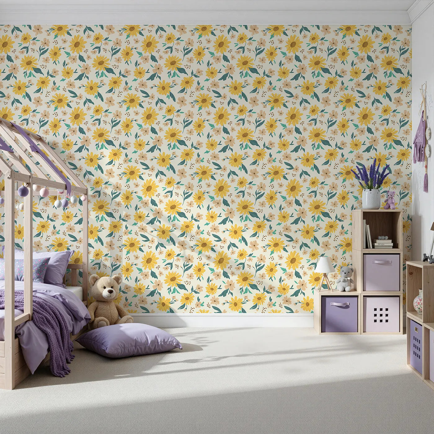 Front view of Whimsy Tots' Sunny Sunflower Field Wallpaper